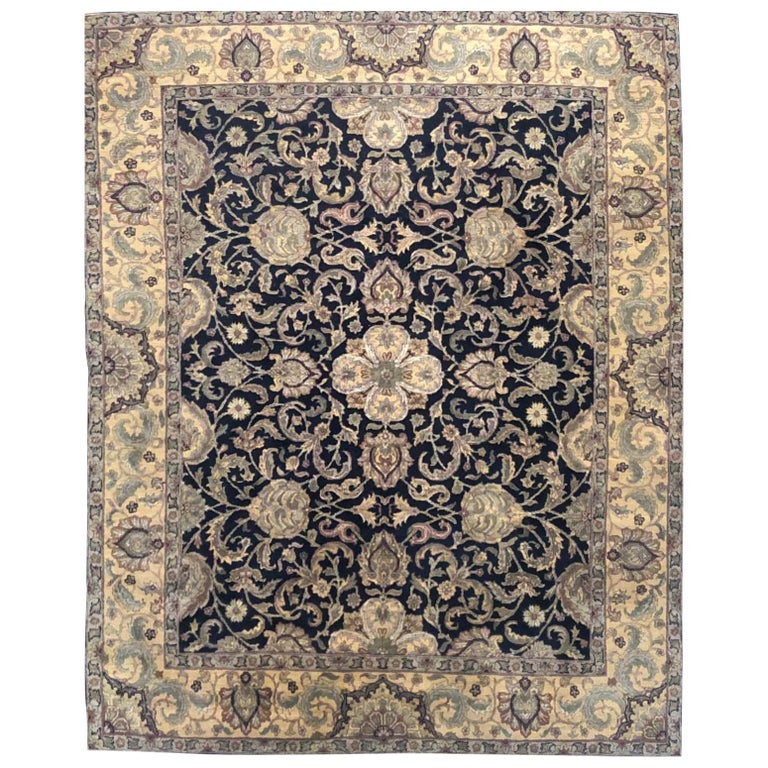 Hand Knotted Classic Design Jaipur All Over Floral Wool Black Indian