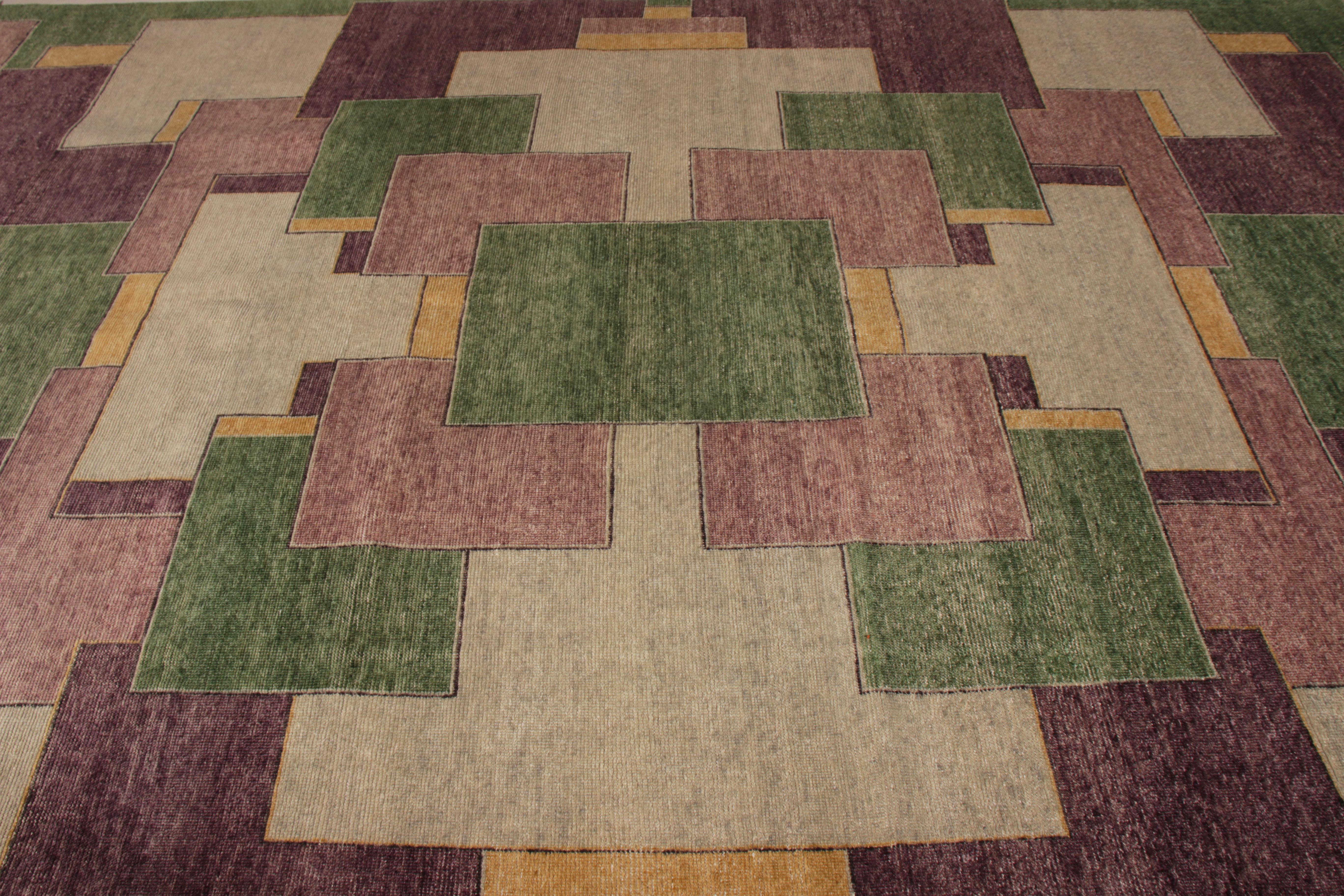 Rustic Rug & Kilim's Hand Knotted Classic Geometric Rug Purple Green Pattern For Sale