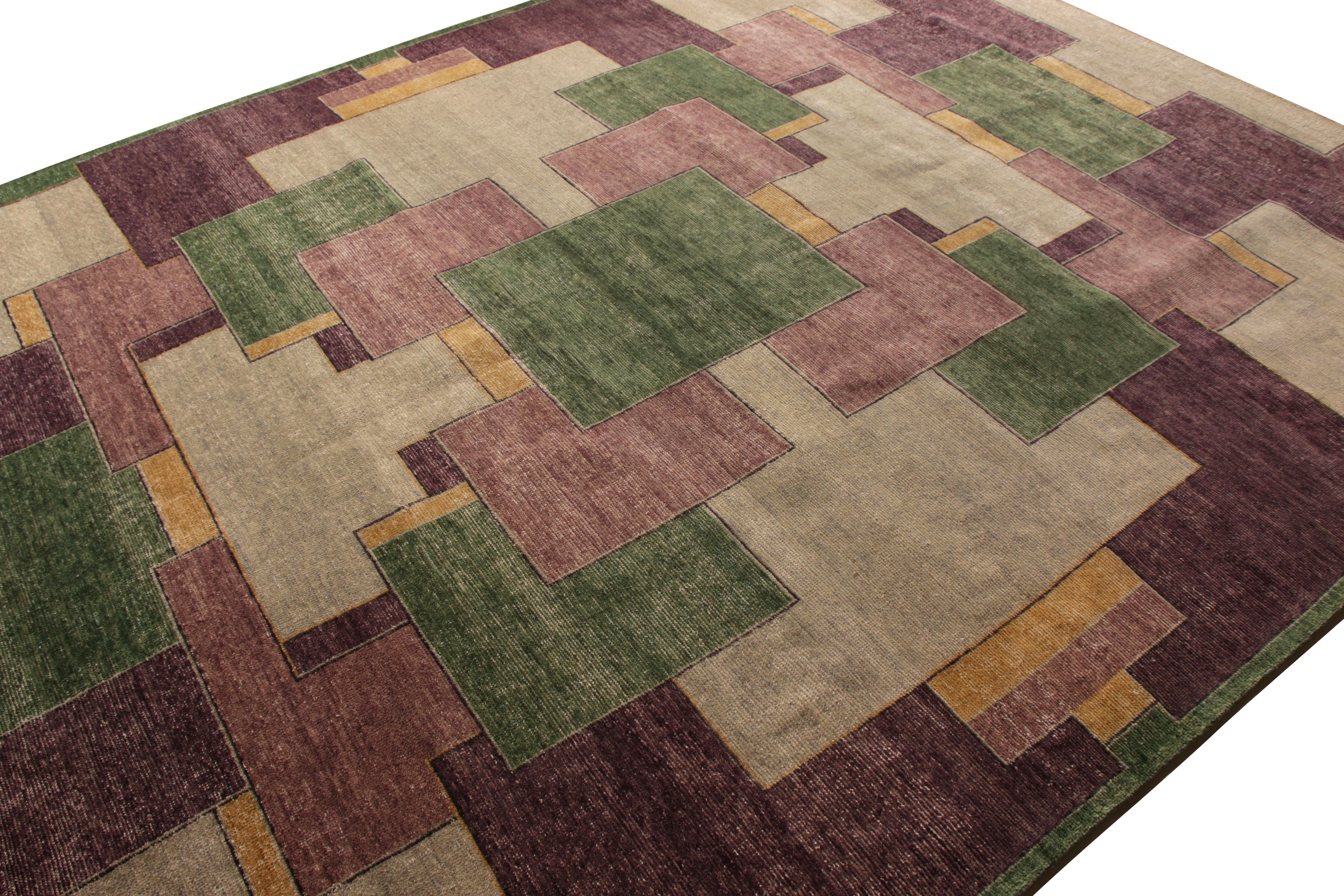 Indian Rug & Kilim's Hand Knotted Classic Geometric Rug Purple Green Pattern For Sale