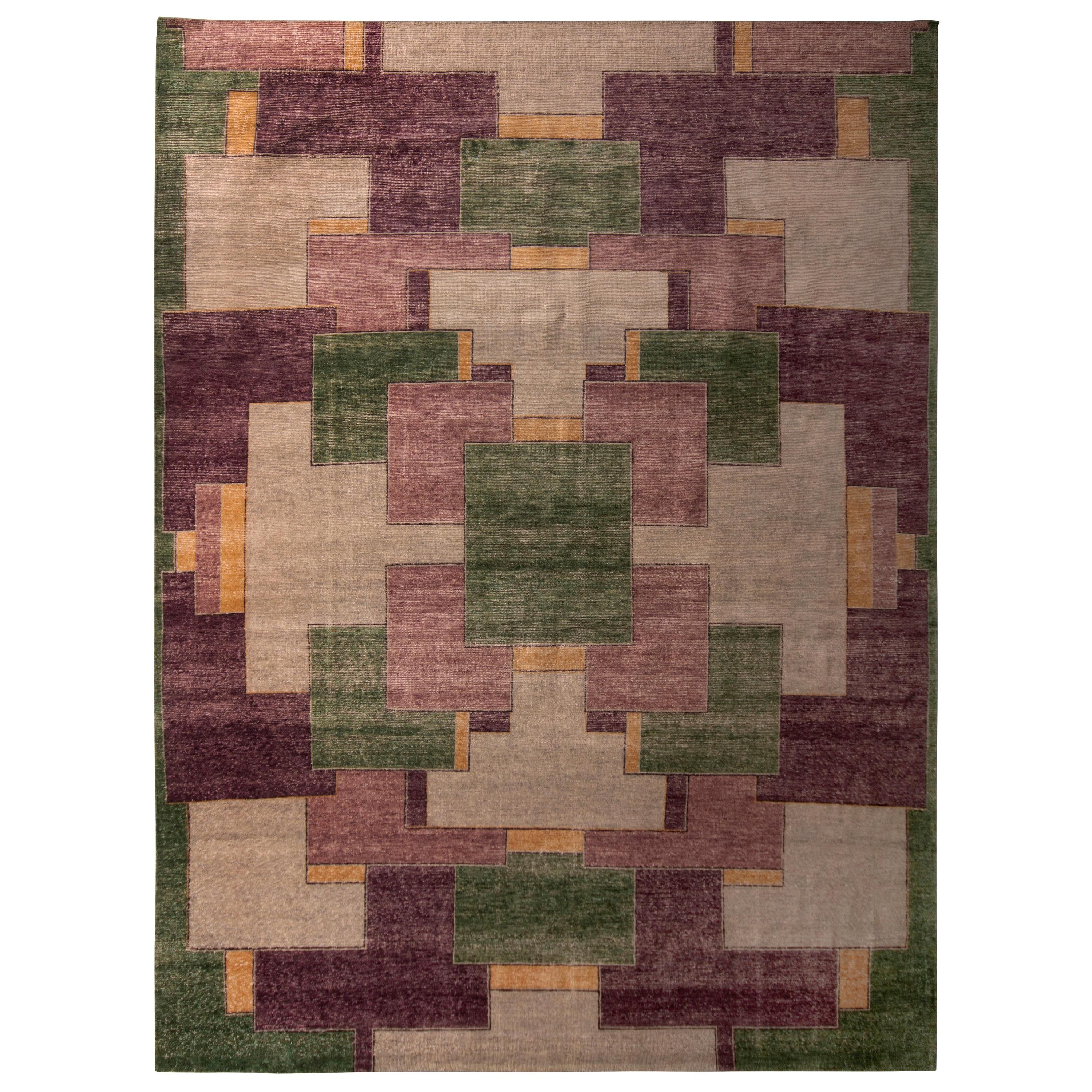 Rug & Kilim's Hand Knotted Classic Geometric Rug Purple Green Pattern For Sale