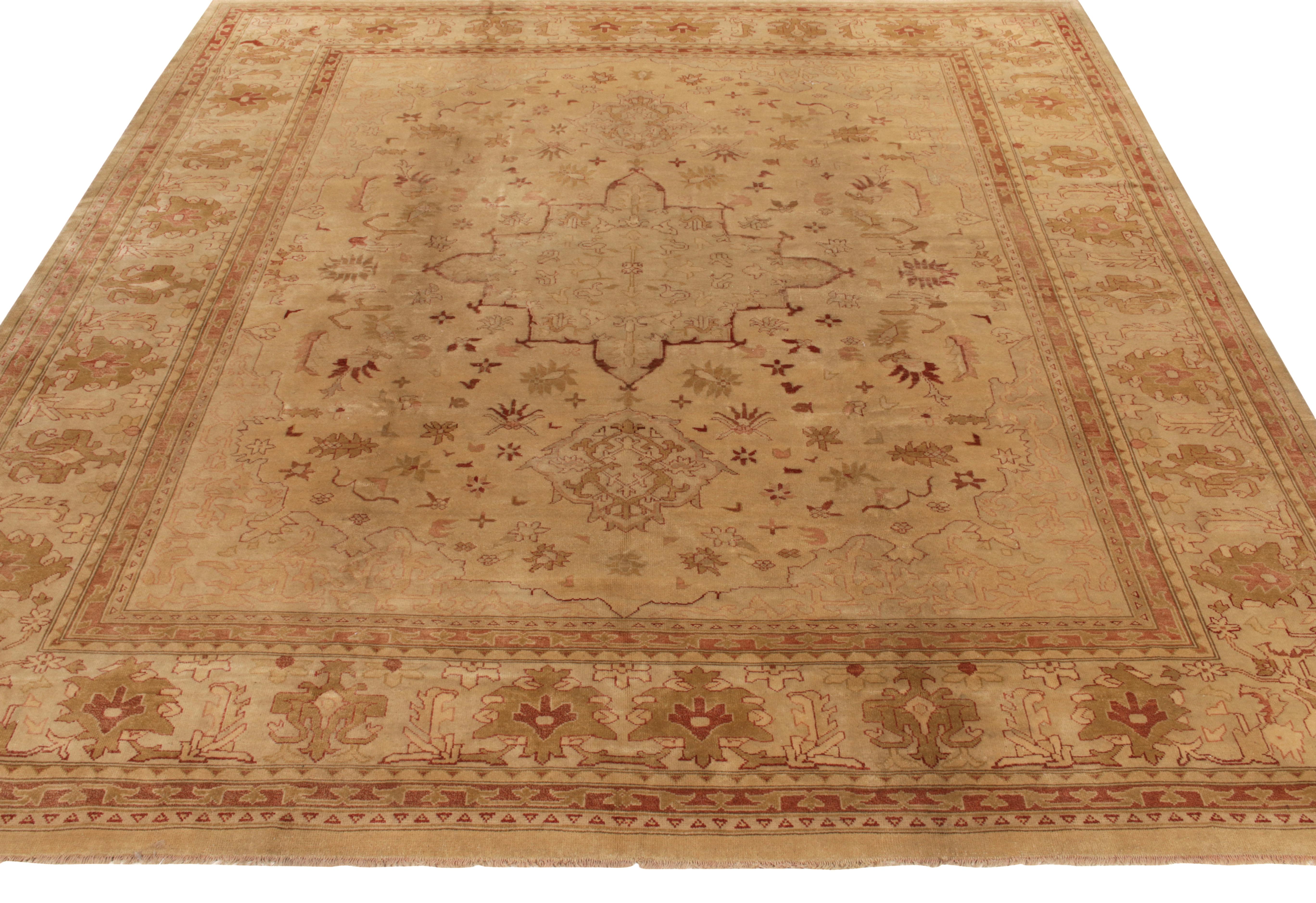Hand knotted in wool, this contemporary ode to antique Oushak rugs is among the favorites of Rug & Kilim’s Modern Classics Collection. An almost square size, this beauty relishes a rich & warm colorway of maroon & golden brown playing harmoniously