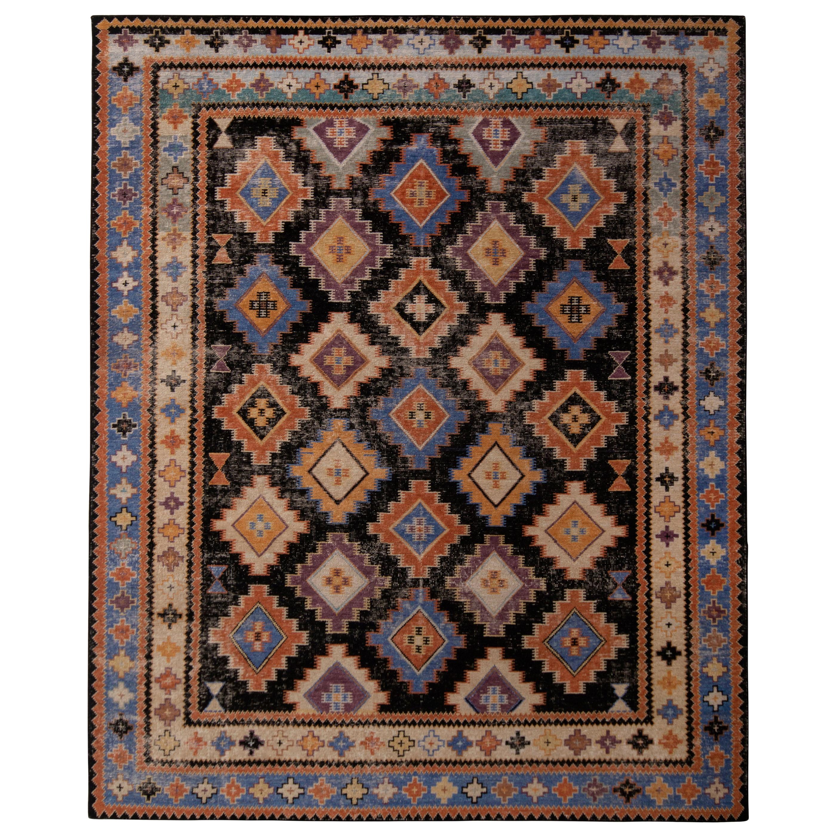 Rug & Kilim's Hand Knotted Classic Rug Diamond Beige and Blue Tribal Pattern For Sale