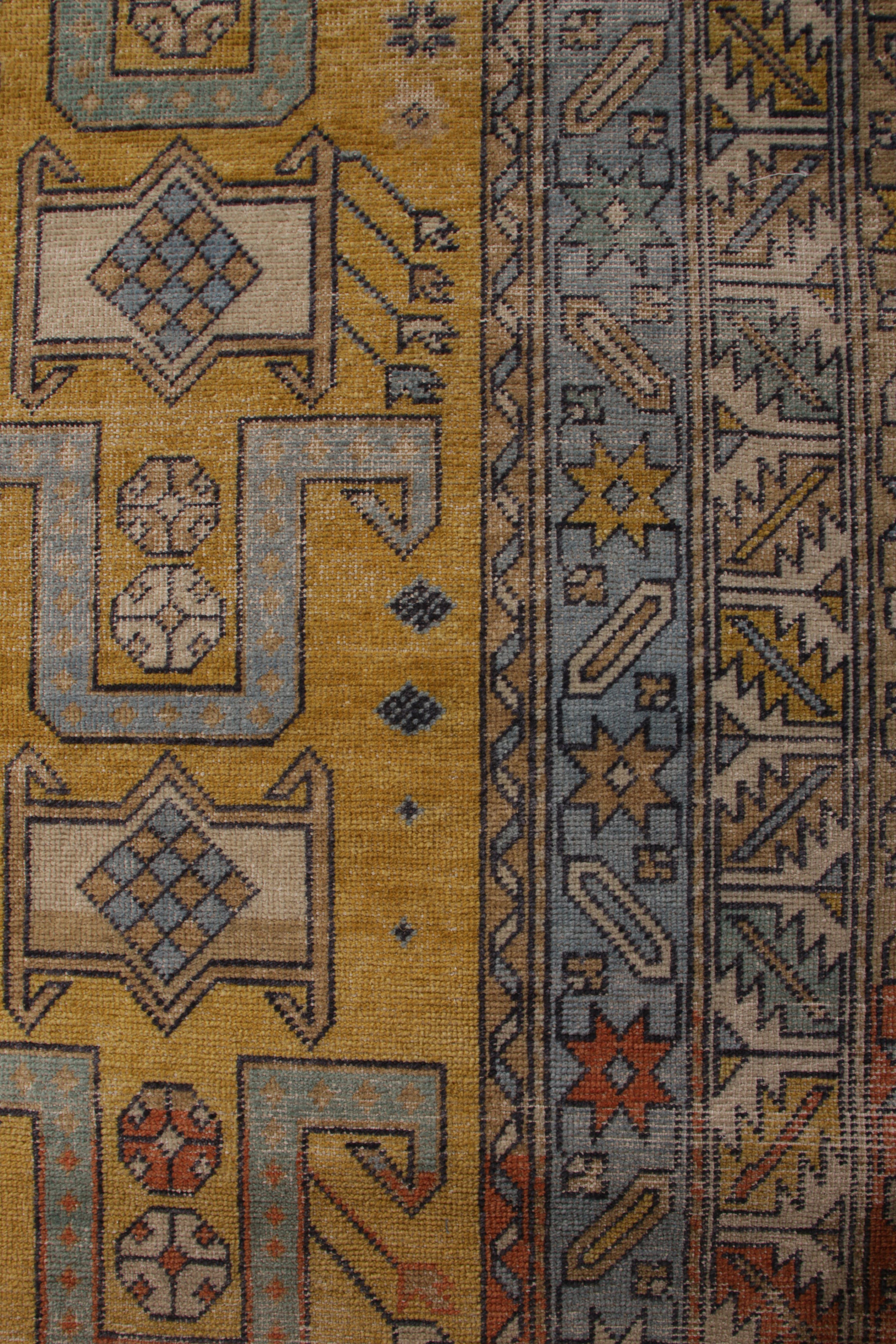 Tribal Tapis classique noué à la main bleu doré à motif géométrique de Kilim en vente