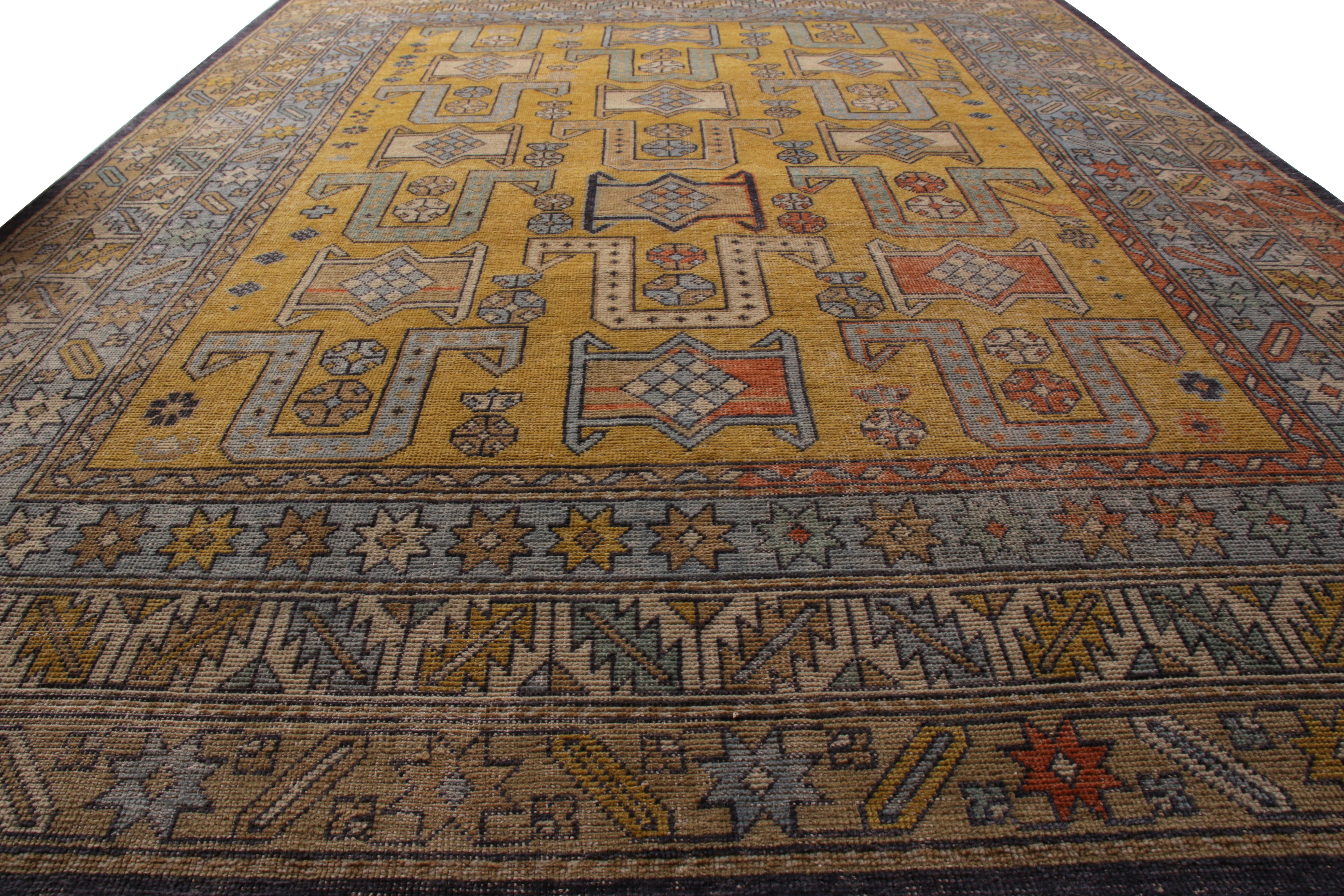 Hand-Knotted Rug & Kilim's Hand Knotted Classic Rug Gold Blue Geometric Pattern For Sale