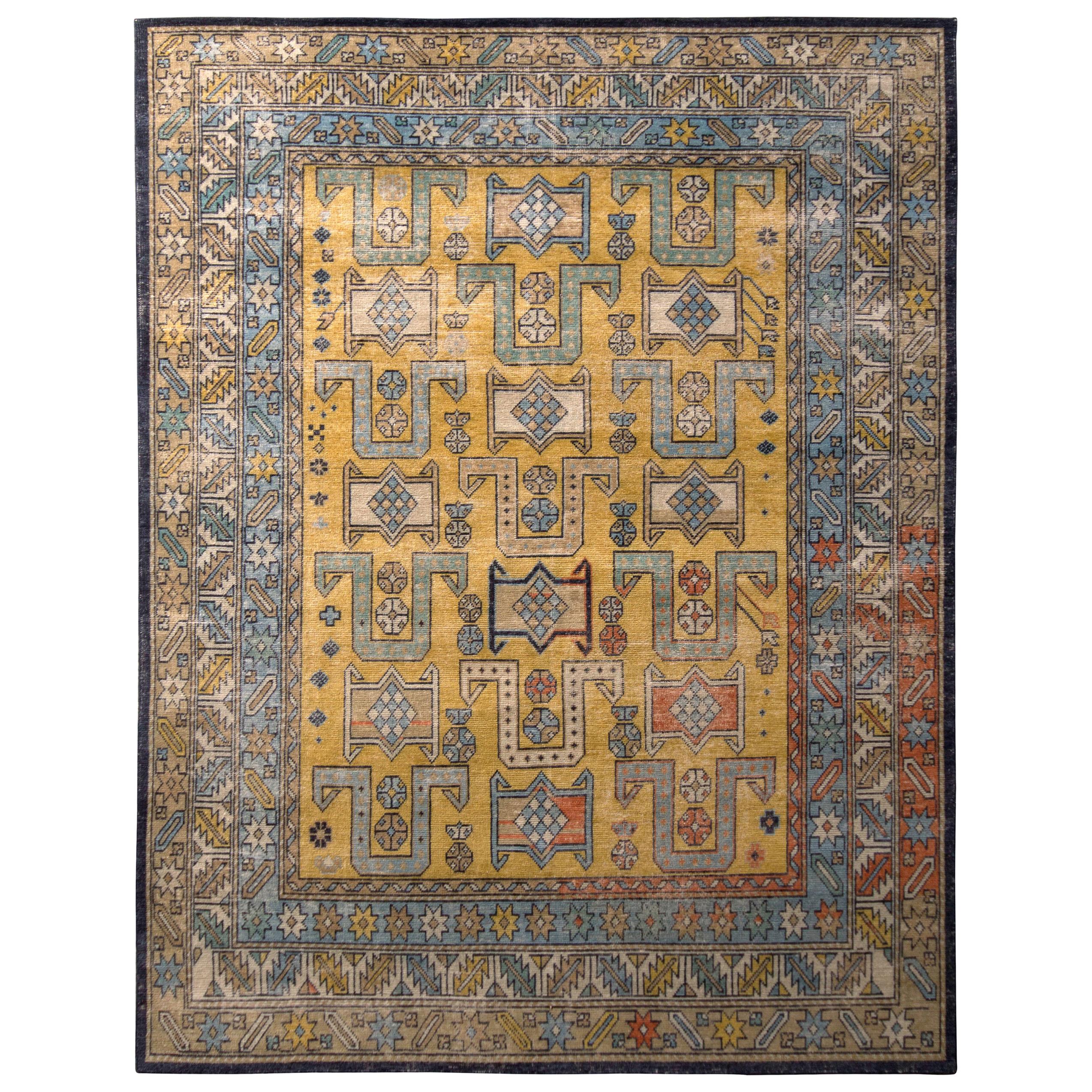Hand Knotted Classic Rug Gold Blue Geometric Pattern by Rug & Kilim