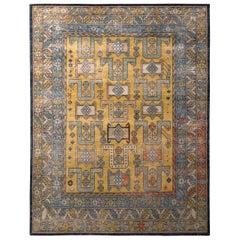 Hand Knotted Classic Rug Gold Blue Geometric Pattern by Rug & Kilim