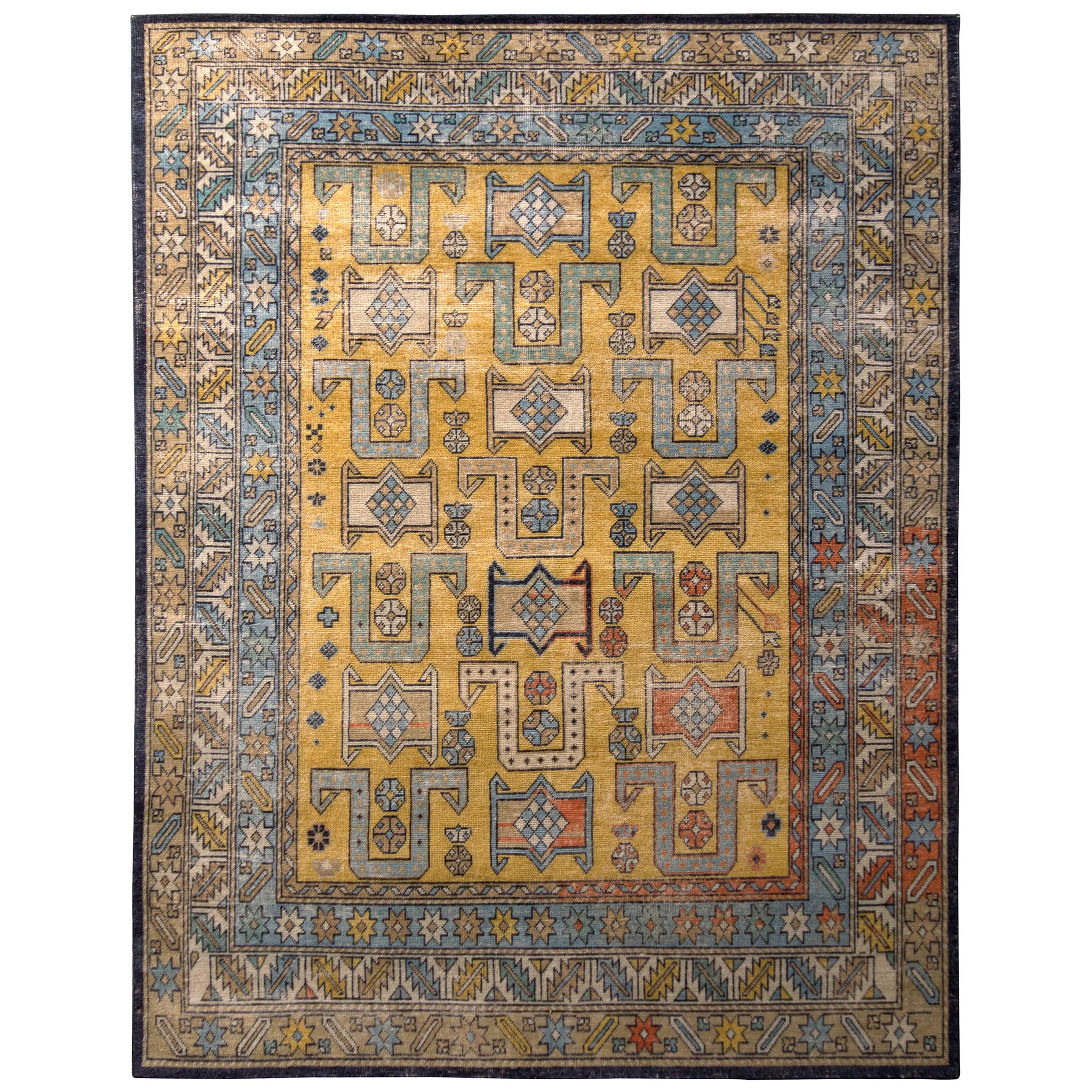 Rug & Kilim's Hand Knotted Classic Rug Gold Blue Geometric Pattern For Sale