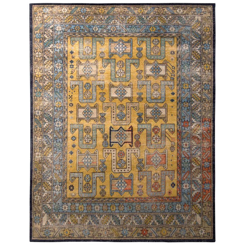 Rug and Kilim's Hand Knotted Classic Rug Diamond Beige and Blue Tribal ...