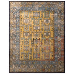 Tapis classique noué à la main bleu doré à motif géométrique de Kilim