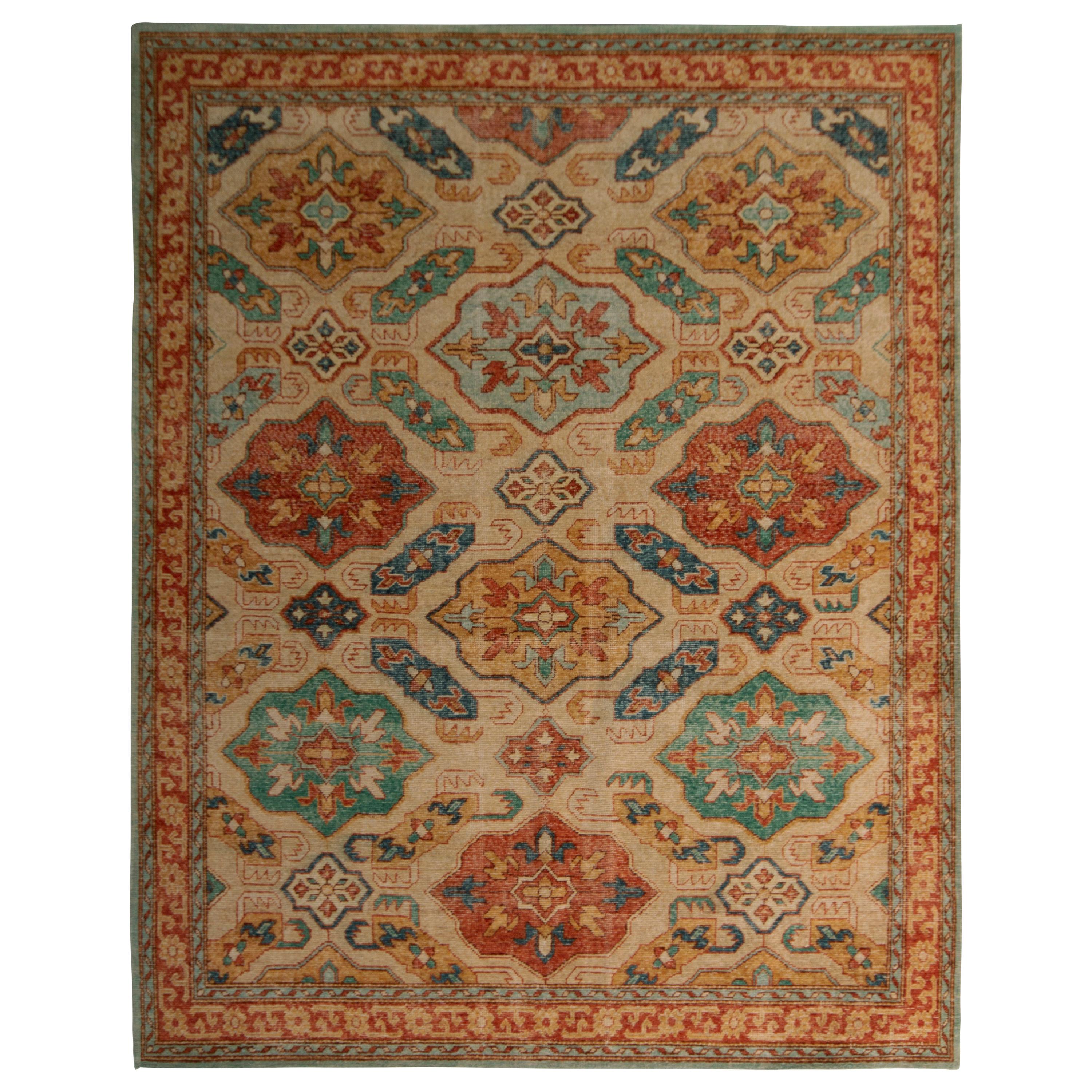 Rug & Kilim's Hand Knotted Classic Style Rug Beige and Gold Geometric Pattern