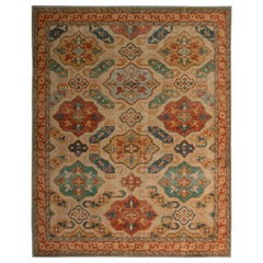 Rug & Kilim's Hand Knotted Classic Style Rug Beige and Gold Geometric Pattern