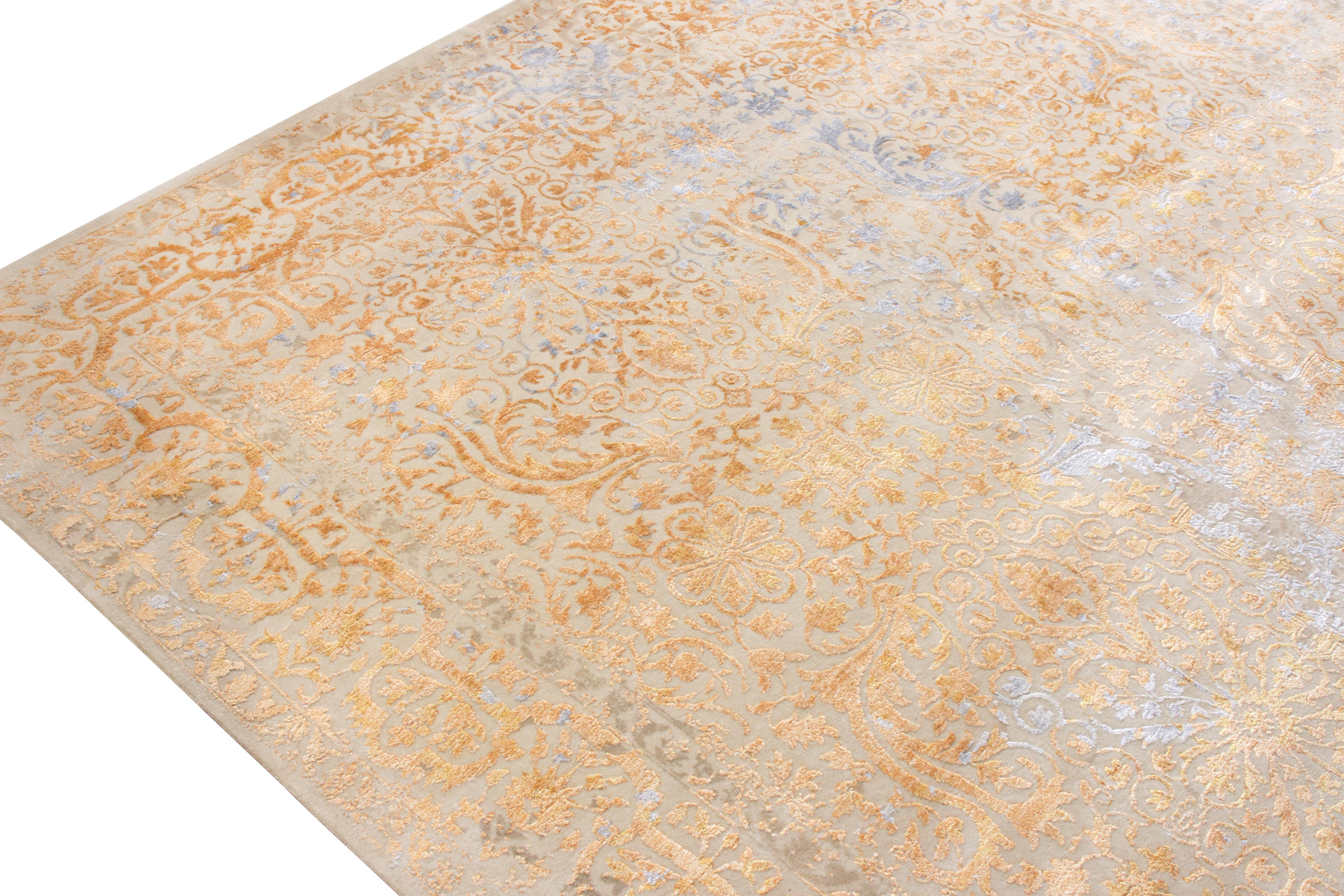 Modern Rug & Kilim's Hand Knotted Classic Style Rug in Beige Orange Floral Pattern