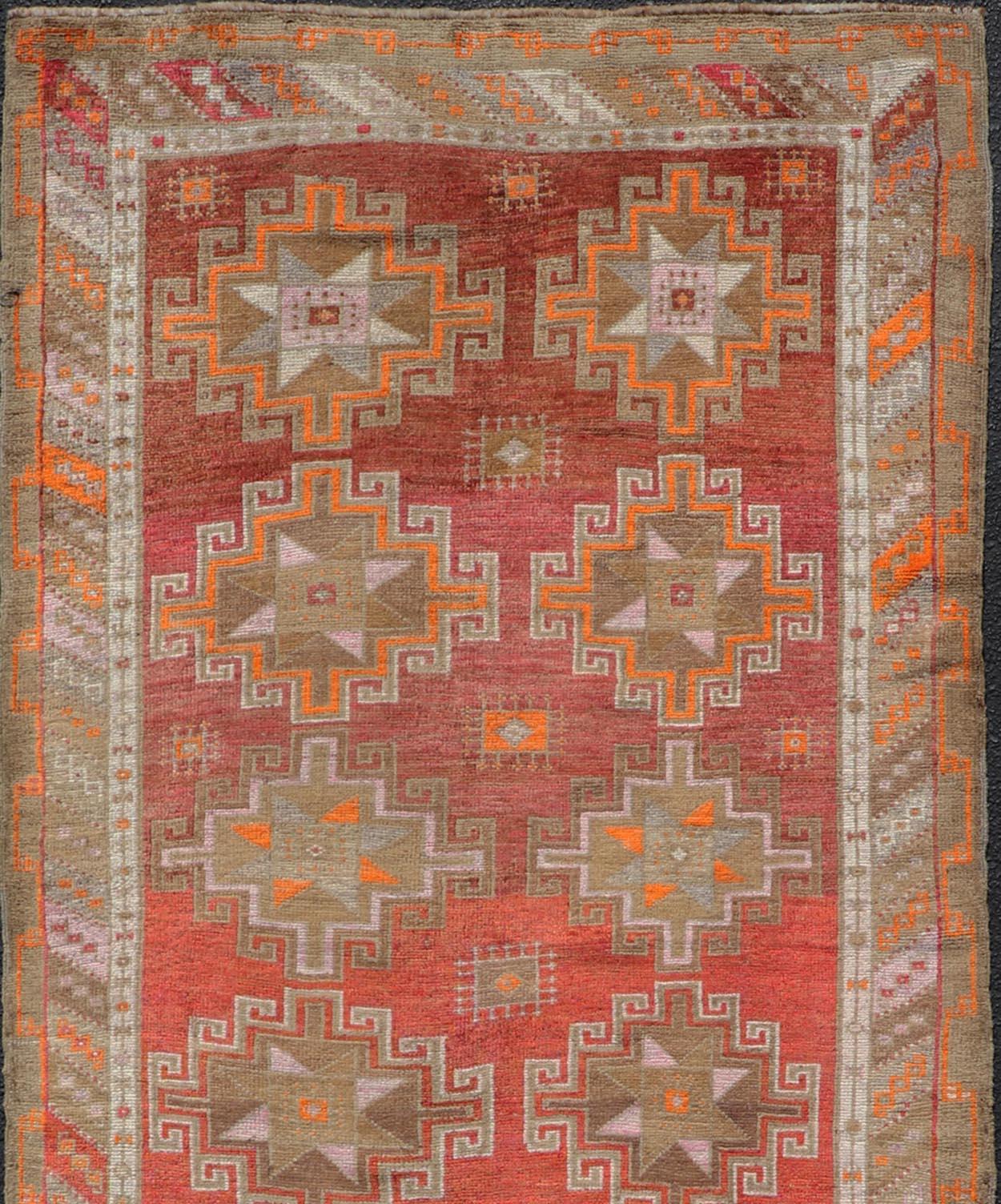 Hand-Knotted Hand Knotted Colorful Turkish Kars Gallery with Tribal Designs Geometric Motifs For Sale