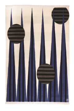 Rug  Blue Modern Geometric Neutral White Blue & Black Circles Wool Carpet