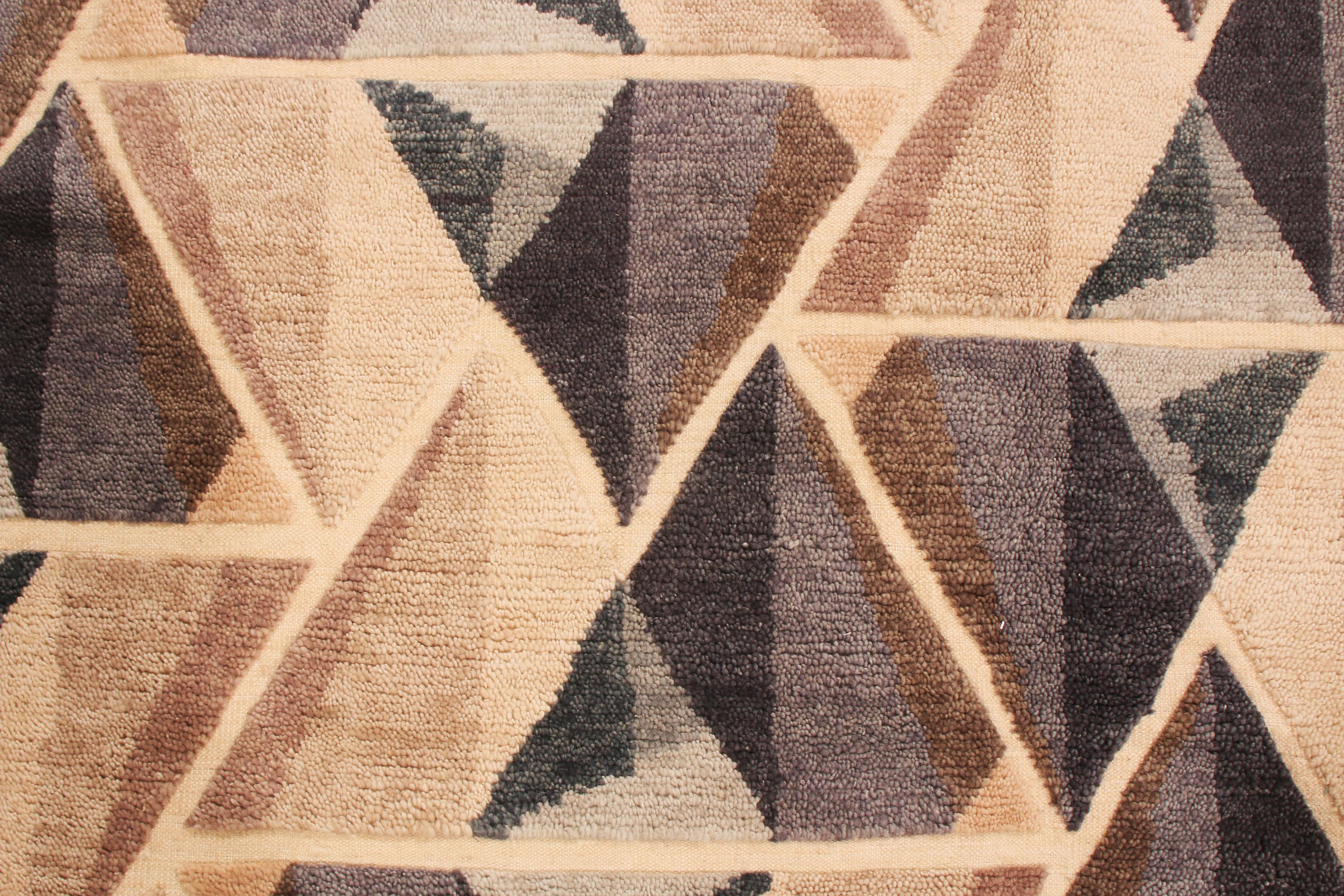Indian Rug & Kilim's Hand Knotted Contemporary Geometric Beige and Gray Wool Rug For Sale