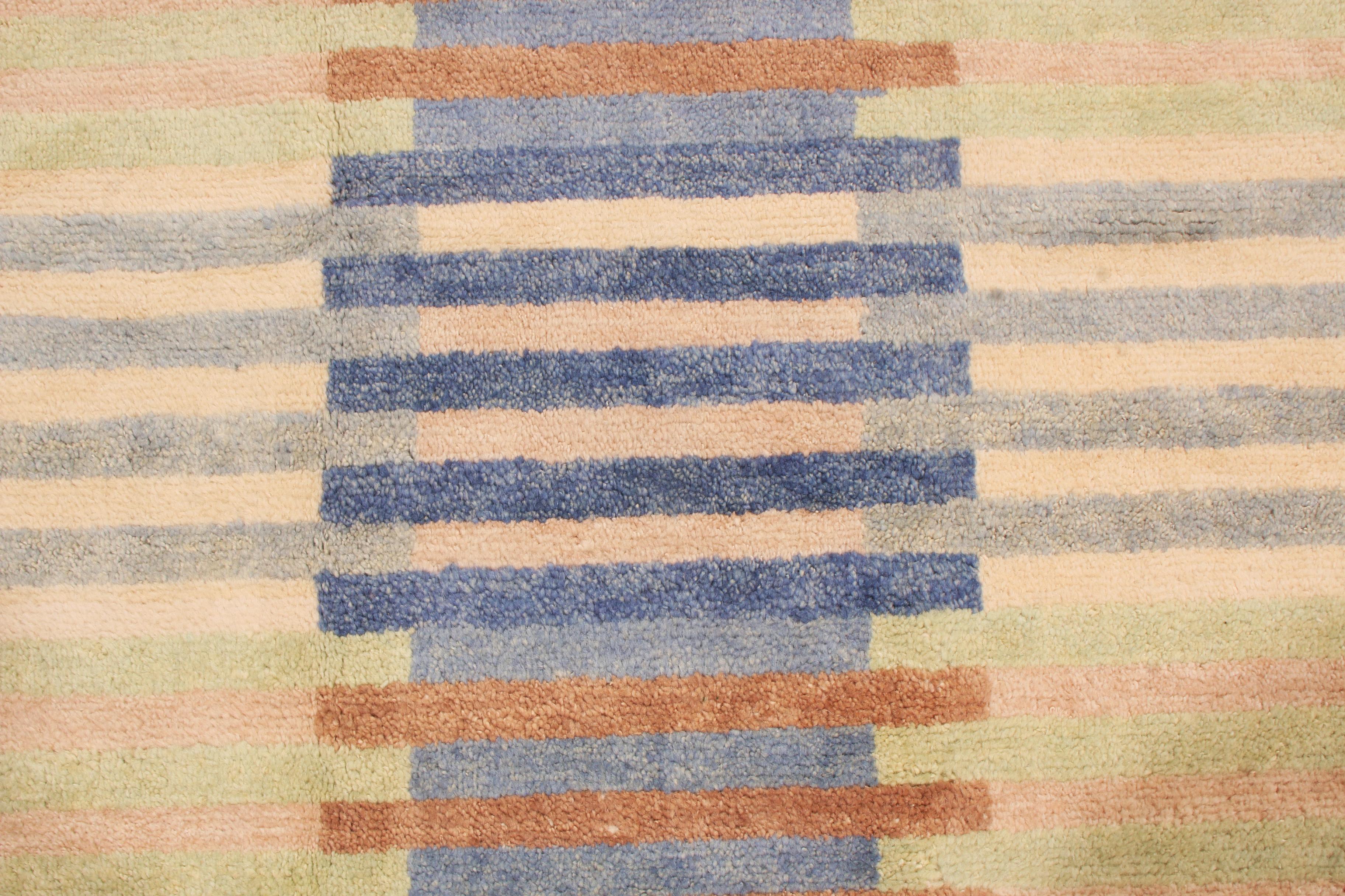 Indian Hand knotted Contemporary Geometric Blue and Pink Wool Rug