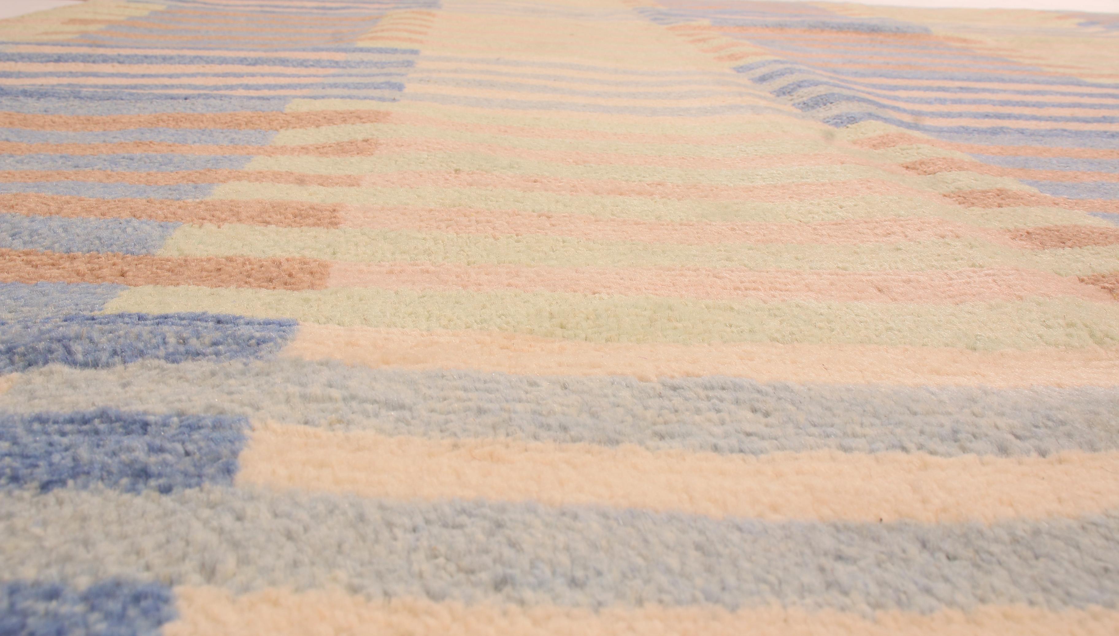 Hand-Knotted Hand knotted Contemporary Geometric Blue and Pink Wool Rug