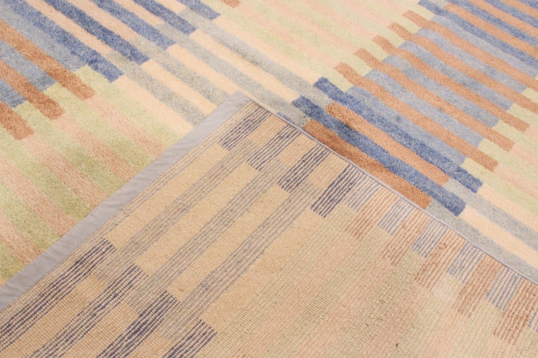 Hand knotted Contemporary Geometric Blue and Pink Wool Rug For Sale at