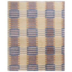 Hand knotted Contemporary Geometric Blue and Pink Wool Rug