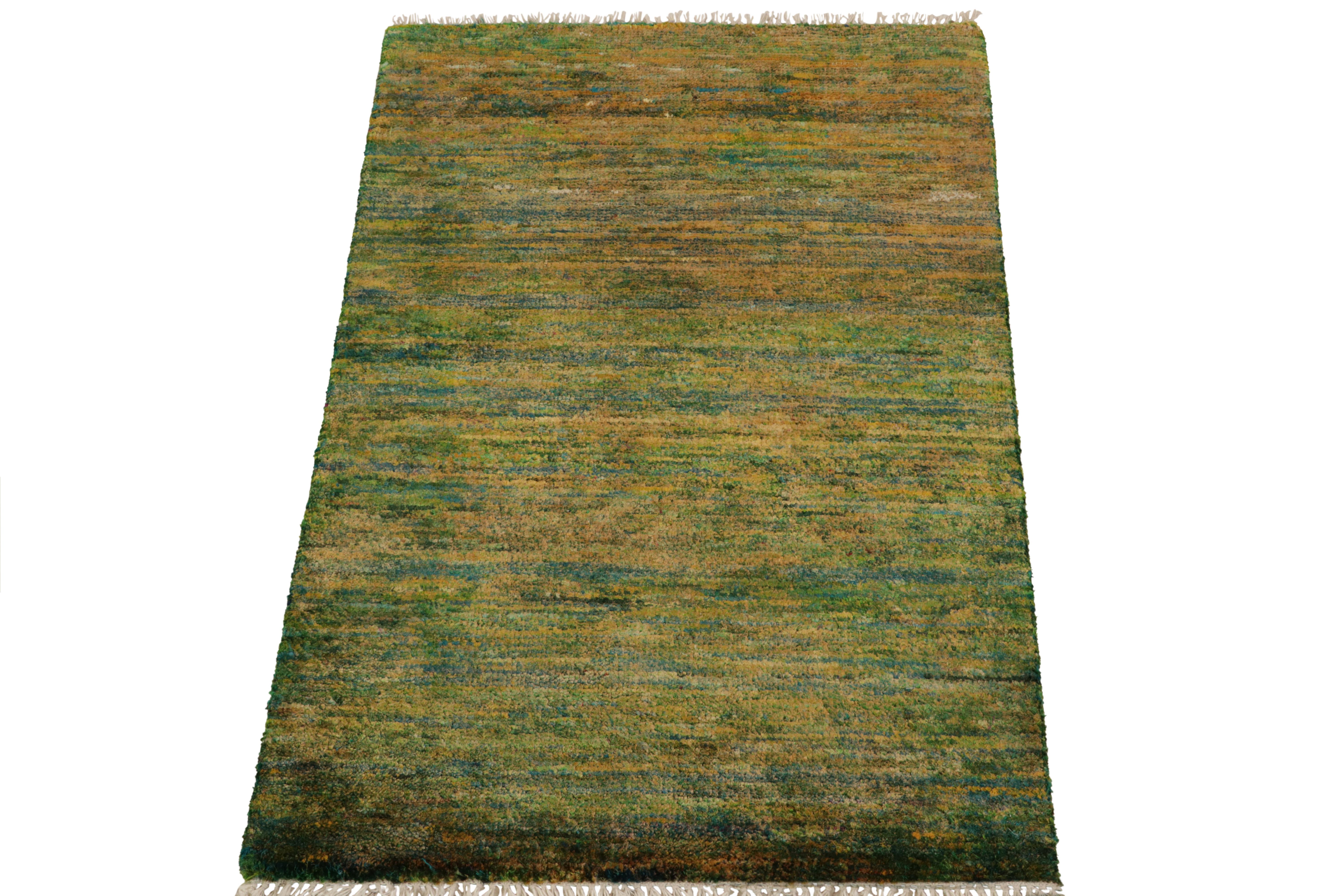 Modern Rug & Kilim's Hand-Knotted Contemporary Rug in Straited Green & Gold For Sale
