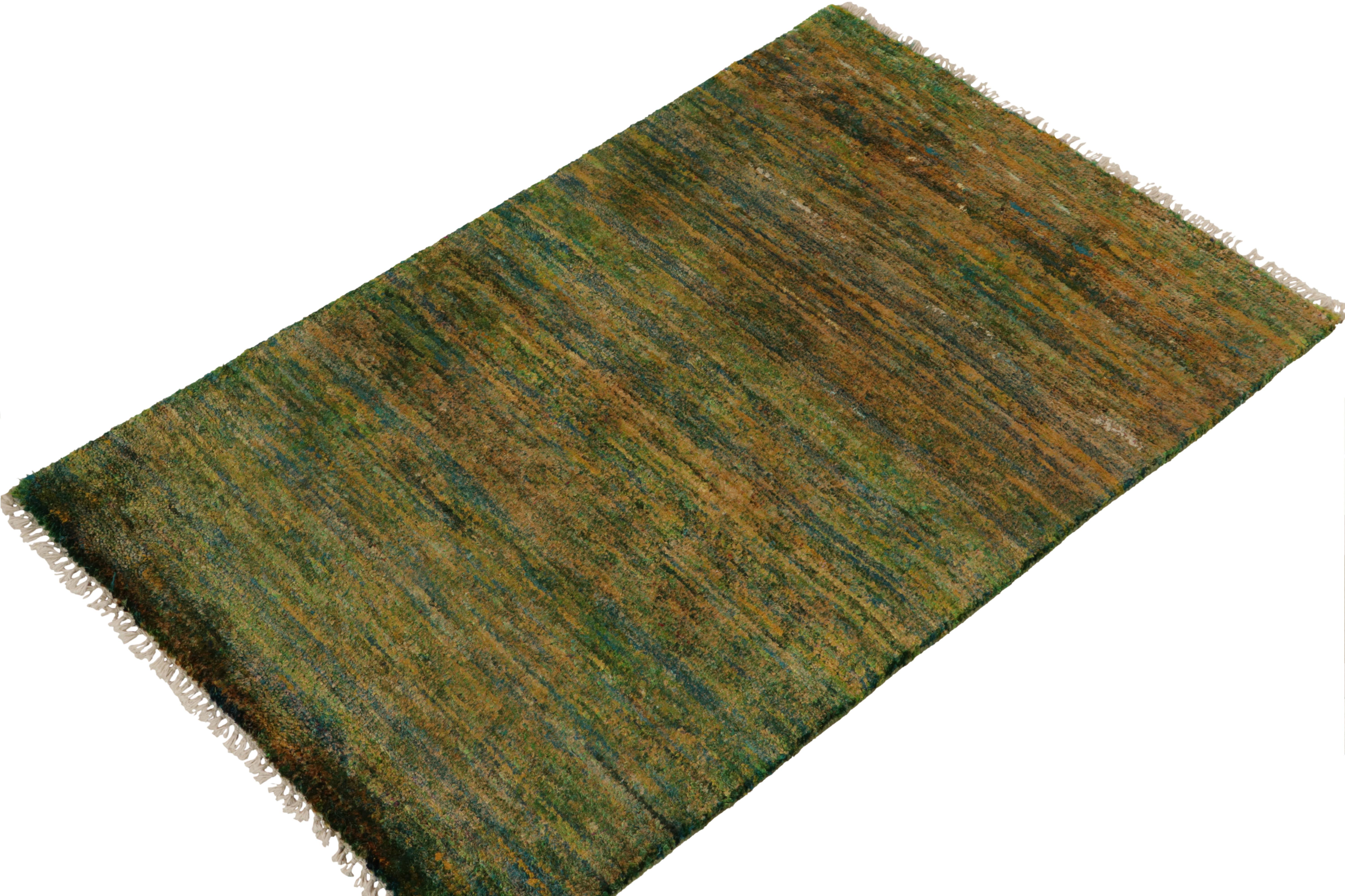 Indian Rug & Kilim's Hand-Knotted Contemporary Rug in Straited Green & Gold For Sale