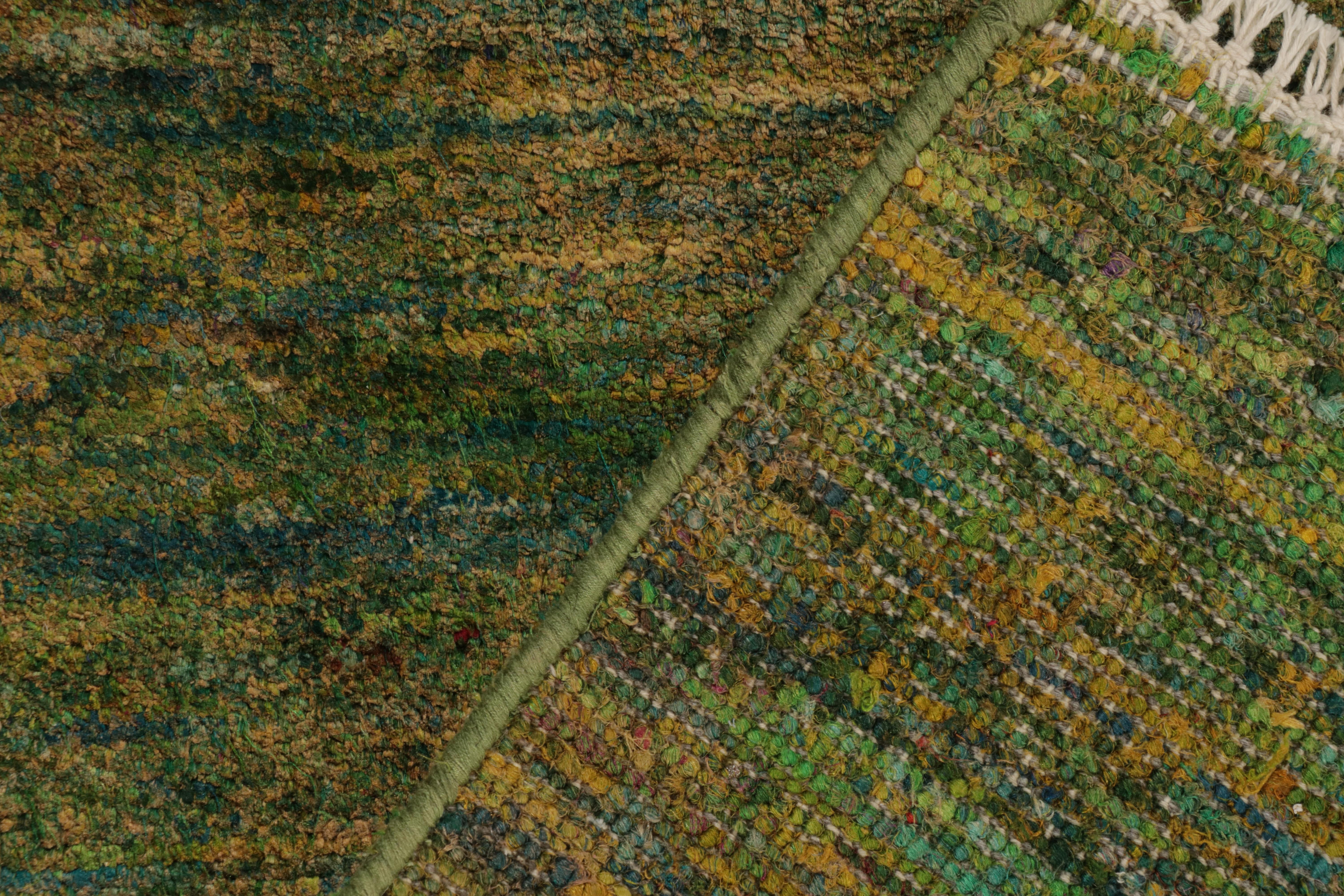 Silk Rug & Kilim's Hand-Knotted Contemporary Rug in Straited Green & Gold For Sale