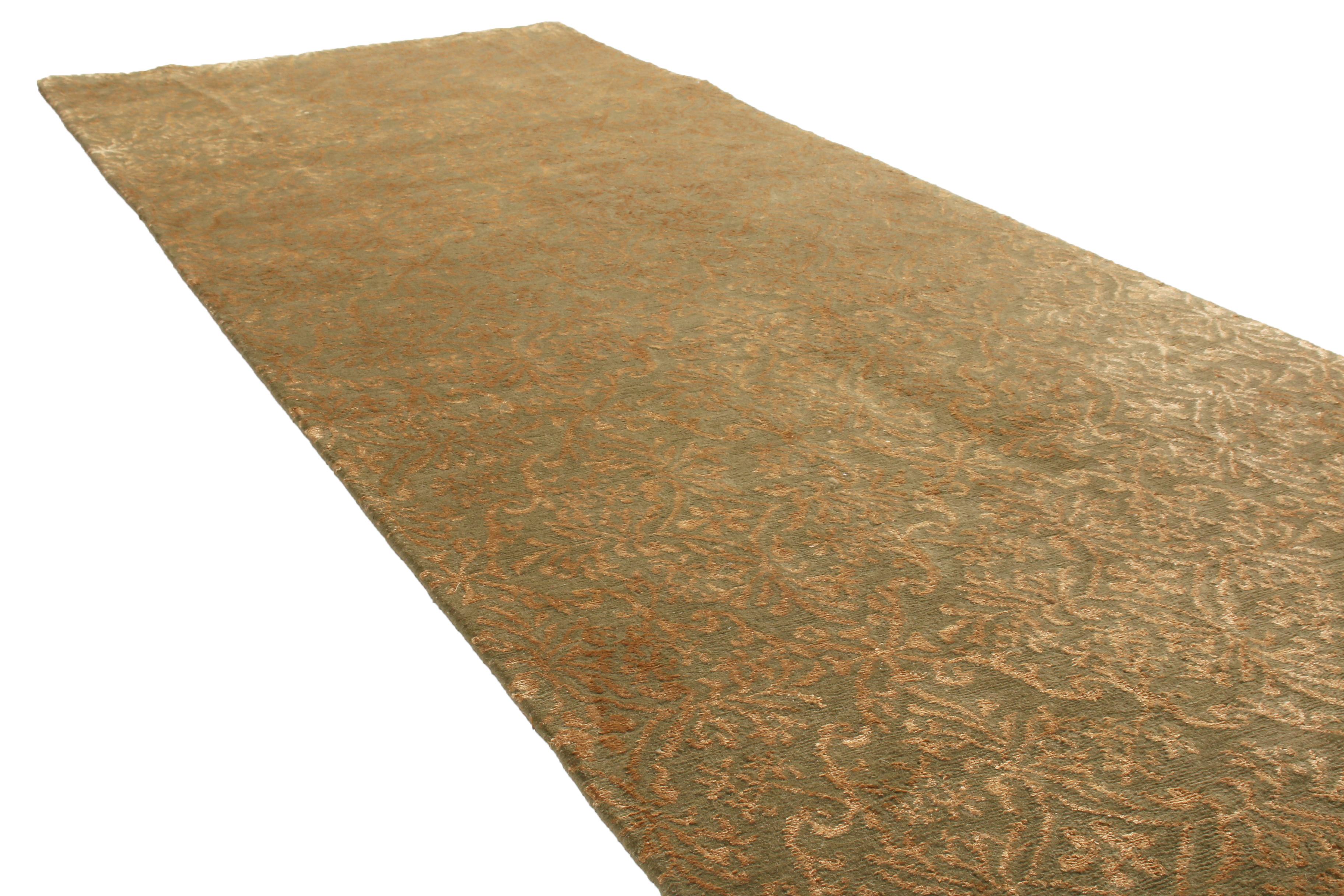 Nepalese Rug & Kilim's Hand Knotted Cordoba Design Green and Bronze Wool and Silk Rug For Sale