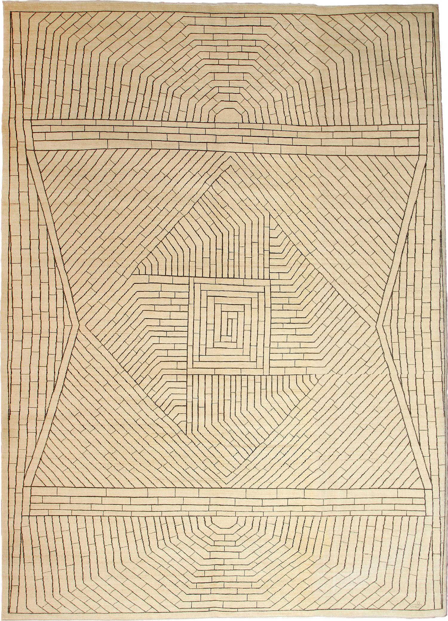 Hand-Knotted Organic Modern Cream and Brown Persian Rug with Geometric Design, 10' x 14' For Sale