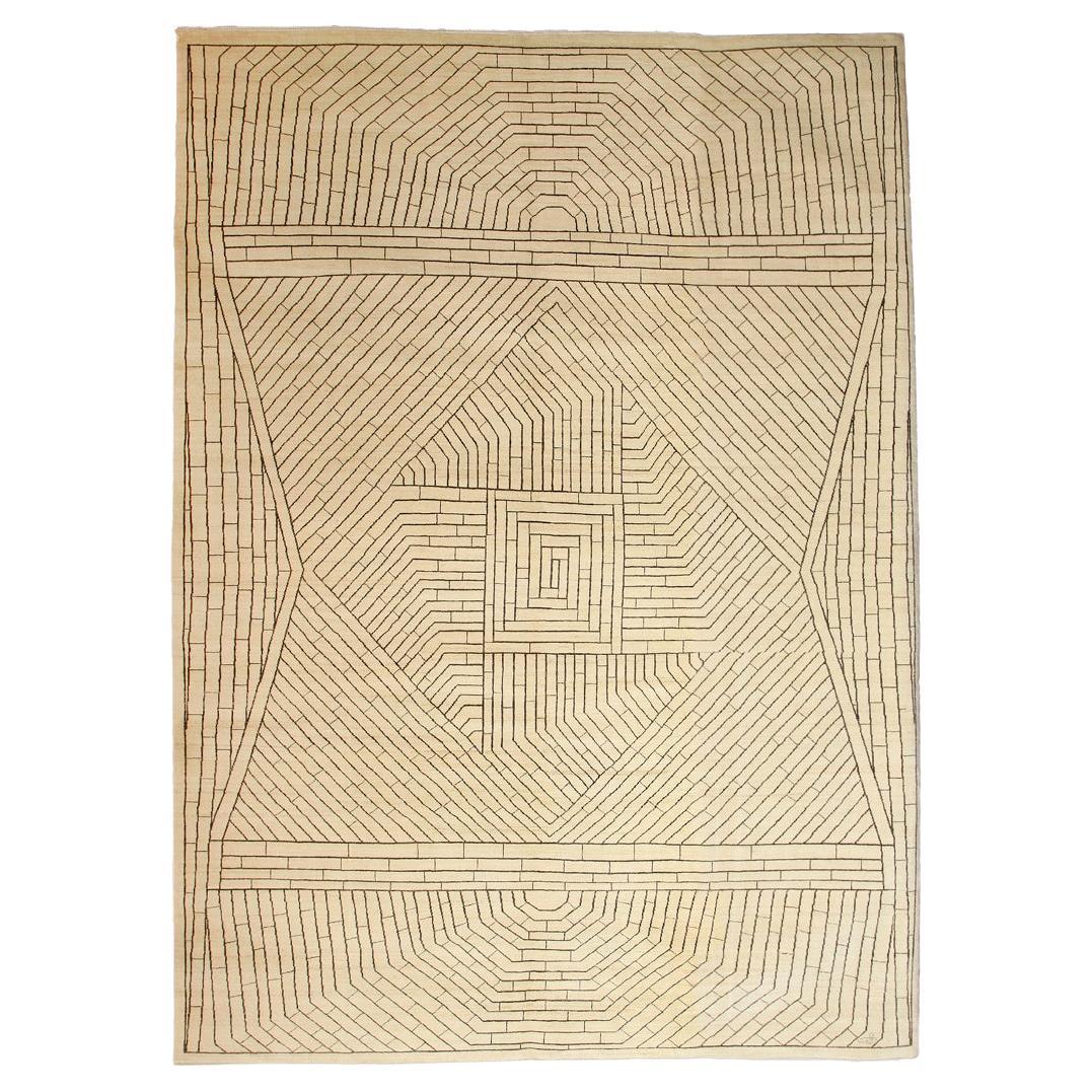 Organic Modern Cream and Brown Persian Rug with Geometric Design, 10' x 14'