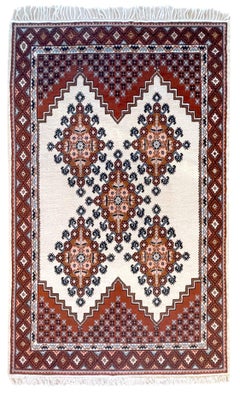 Hand Knotted Cream Blue Brown Geometric Tunisian Rug