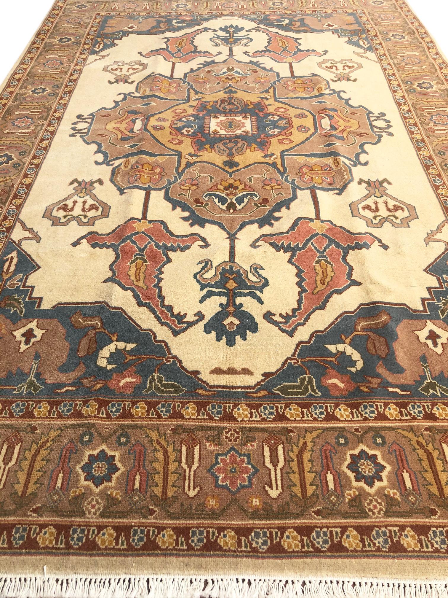 Hand-Knotted Hand Knotted Cream Blue Geometric Chinese Rug