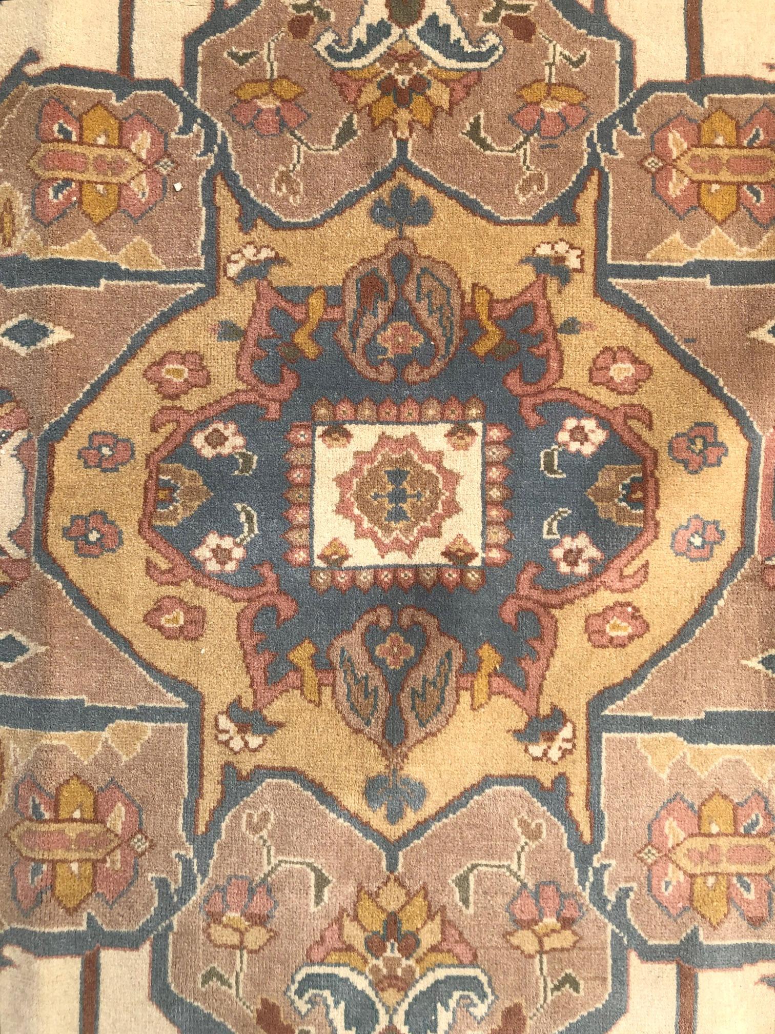 Contemporary Hand Knotted Cream Blue Geometric Chinese Rug