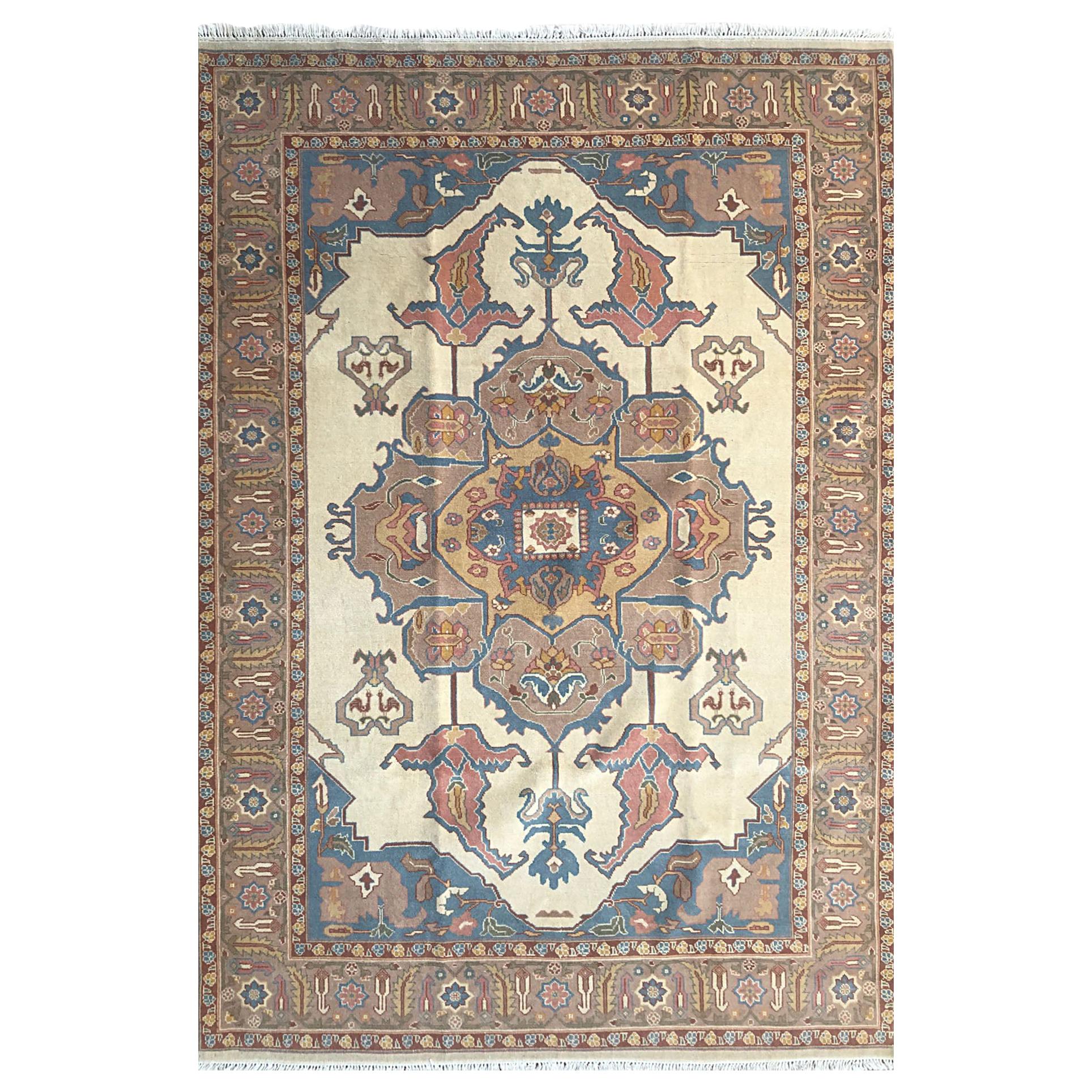 Hand Knotted Cream Blue Geometric Chinese Rug