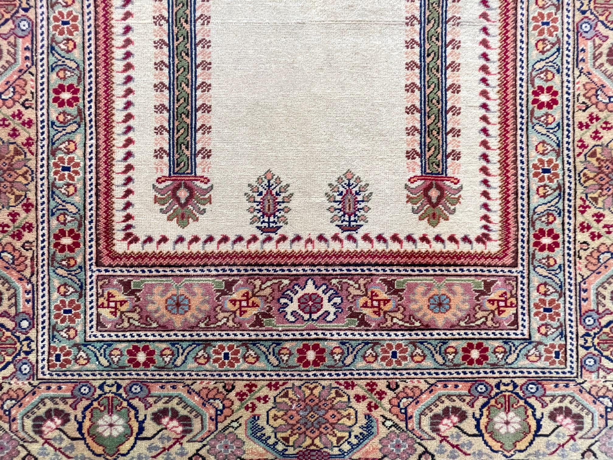 Hand Knotted Cream Geometric Turkish Anatolia Prayer Design Rug, circa 1980 For Sale 1