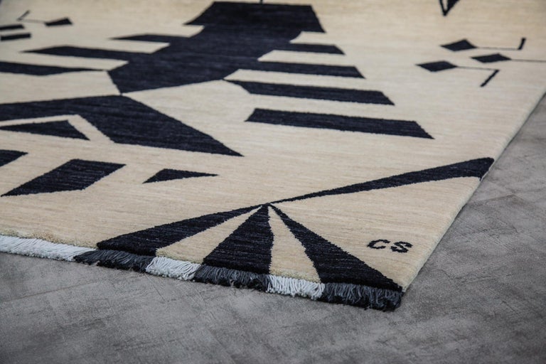 Hand Knotted Cream Geometric Wool Rug with Black Tribal Face Design