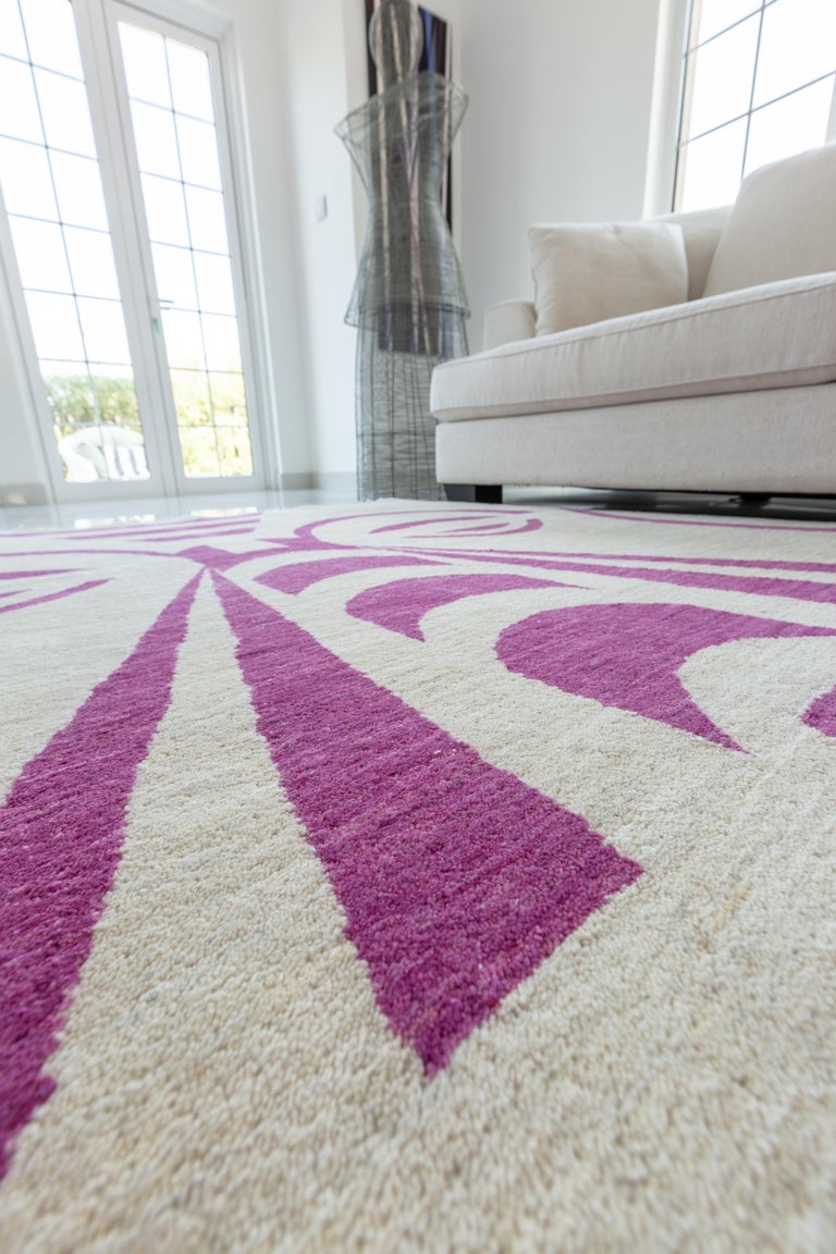 Hand Knotted Cream Geometric Wool Rug w/ Pink Tribal Face Design by