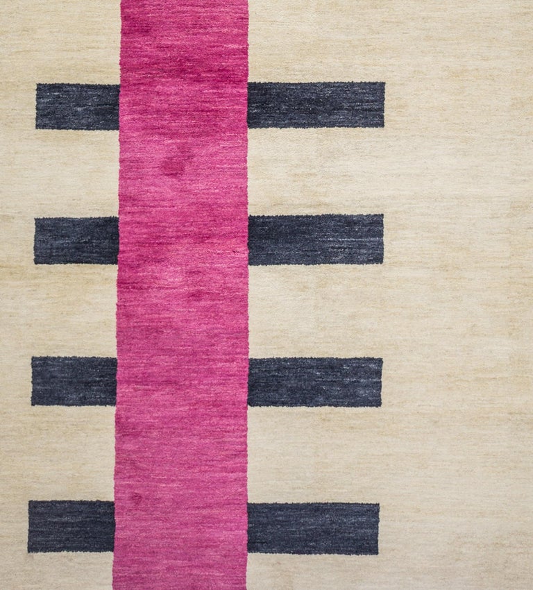 Hand Knotted Cream Wool Rug w/ Pink and Black Large Line Design by