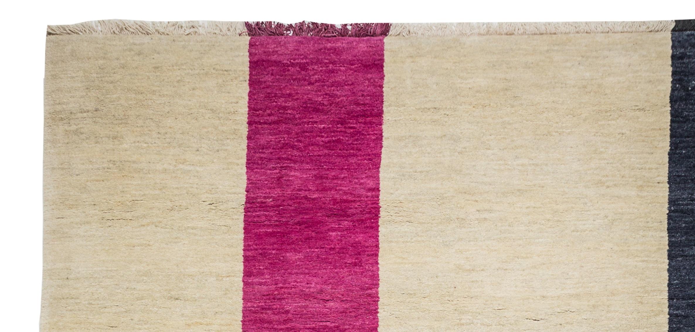 Modern  Rug Behind - Geometric Handknotted Cream Beige Wool in Pink Black by Carpets CC For Sale