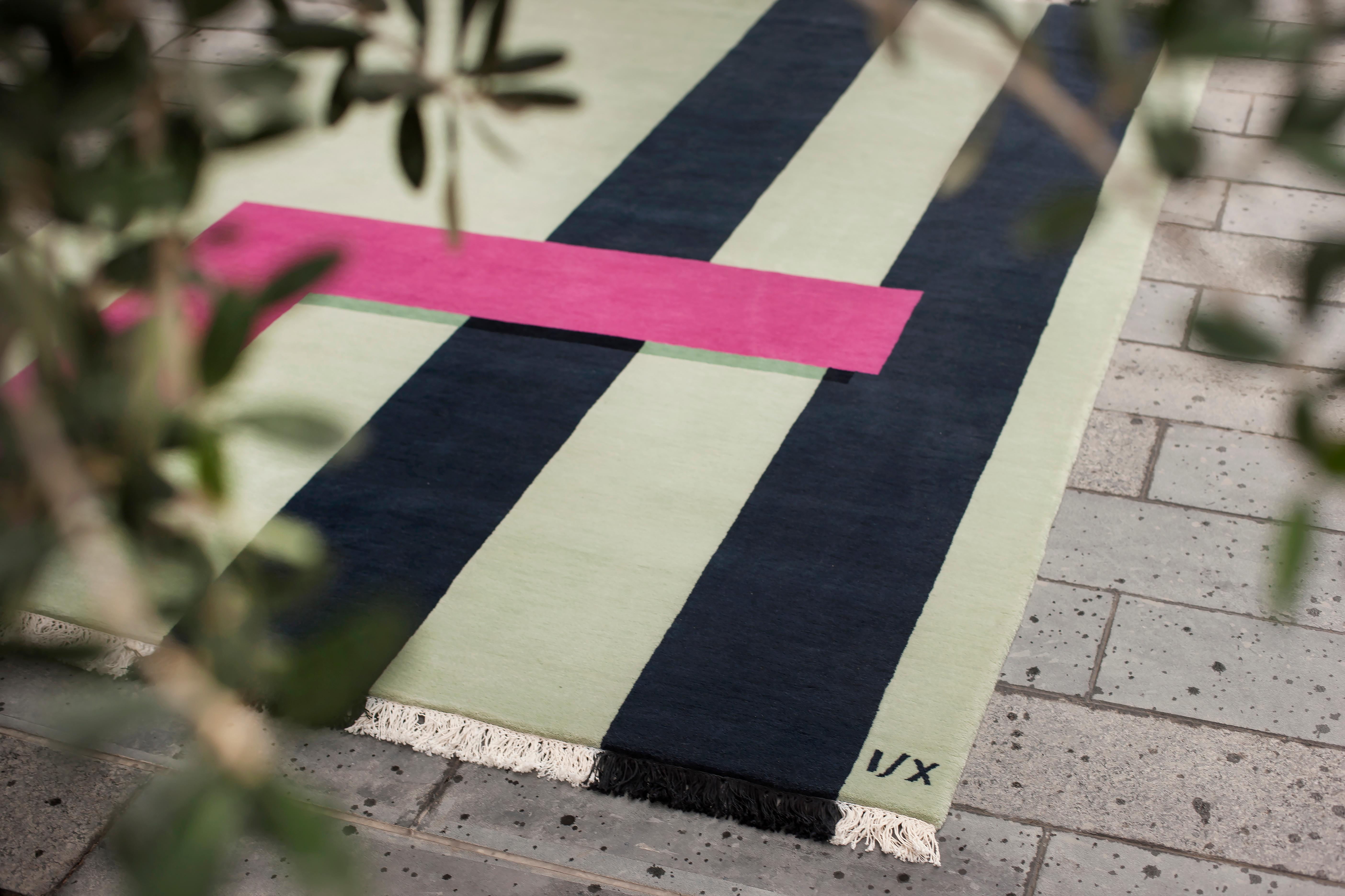 Hand-Knotted Rug - Modern Geometric Pale Olive Wool Fuchsia Pink & Black Line Wool Carpet For Sale