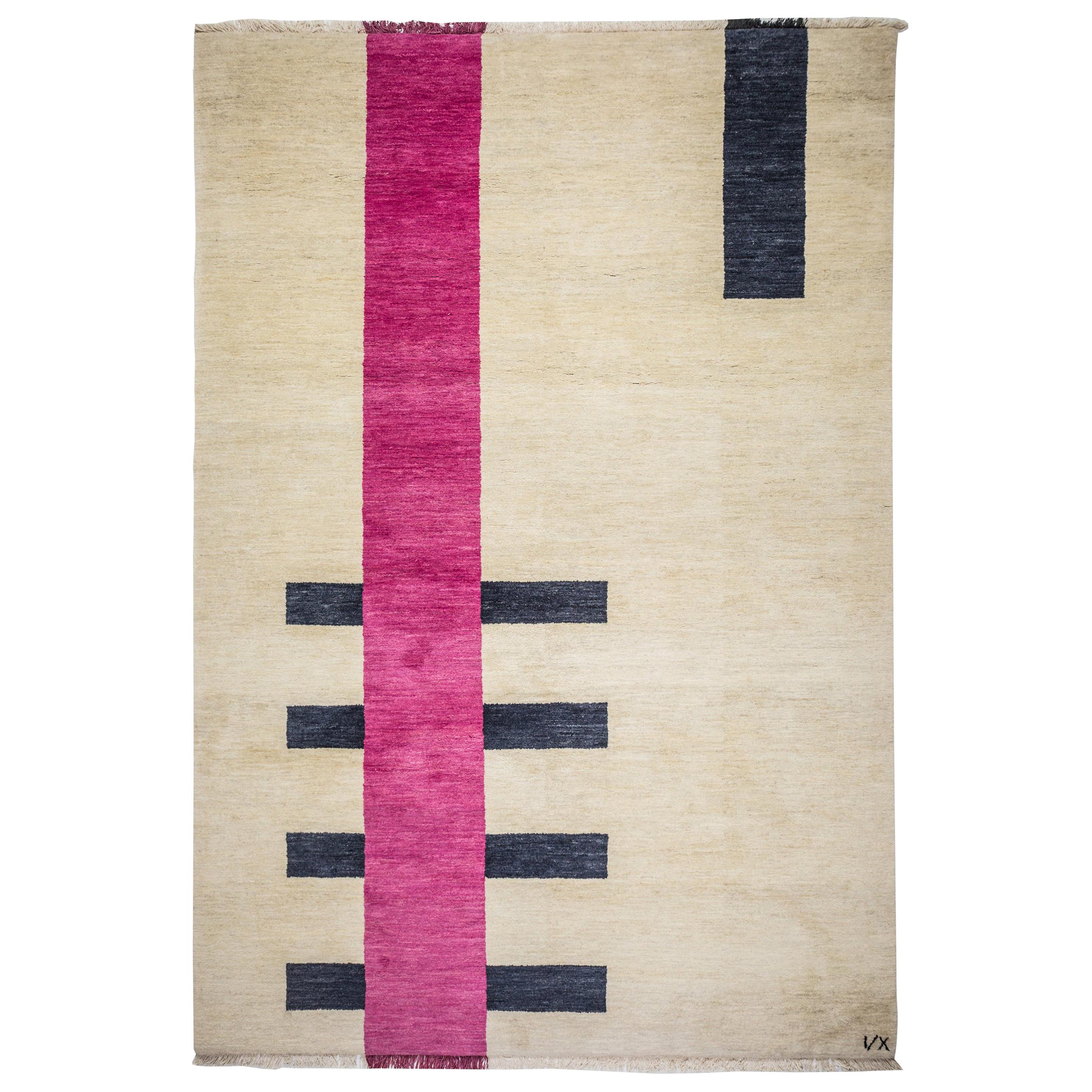 Rug Behind - Geometric Afghan Wool Carpet Cream Pink and Black Hand knotted  For Sale