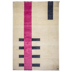 Rug Behind - Geometric Afghan Wool Carpet Cream Pink and Black Hand knotted