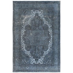 Hand Knotted Dark Gray Vintage Overdyed Persian Tabriz Distressed Worn Wool Rug