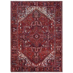 Vintage Hand Knotted Deep Red Persian Heriz Old Distressed Pure Wool Clean Oriental Rug
