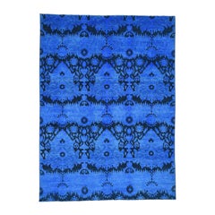 Hand Knotted Denim Blue Ikat Overdyed Pure Wool Oriental Rug