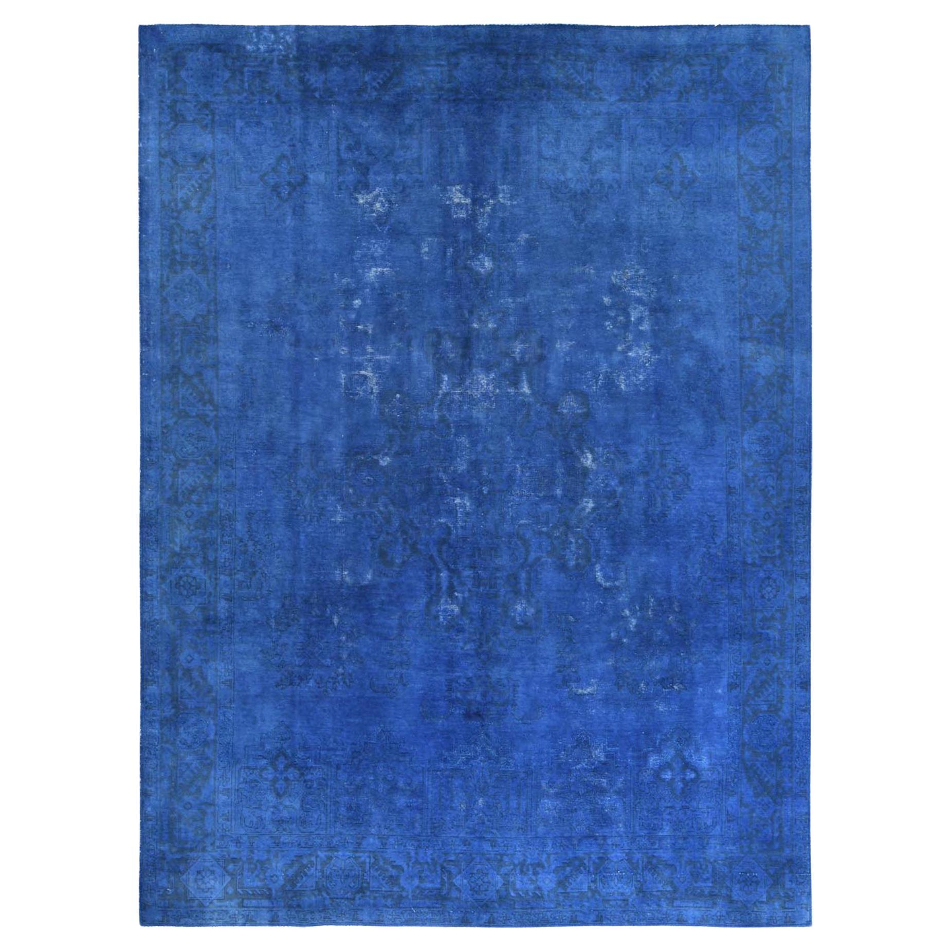 Hand Knotted Denim Blue Vintage Overdyed Persian Tabriz Distressed Worn Wool Rug