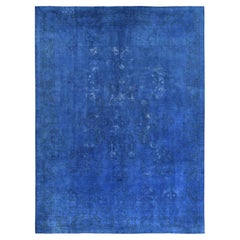 Hand Knotted Denim Blue Retro Overdyed Persian Tabriz Distressed Worn Wool Rug