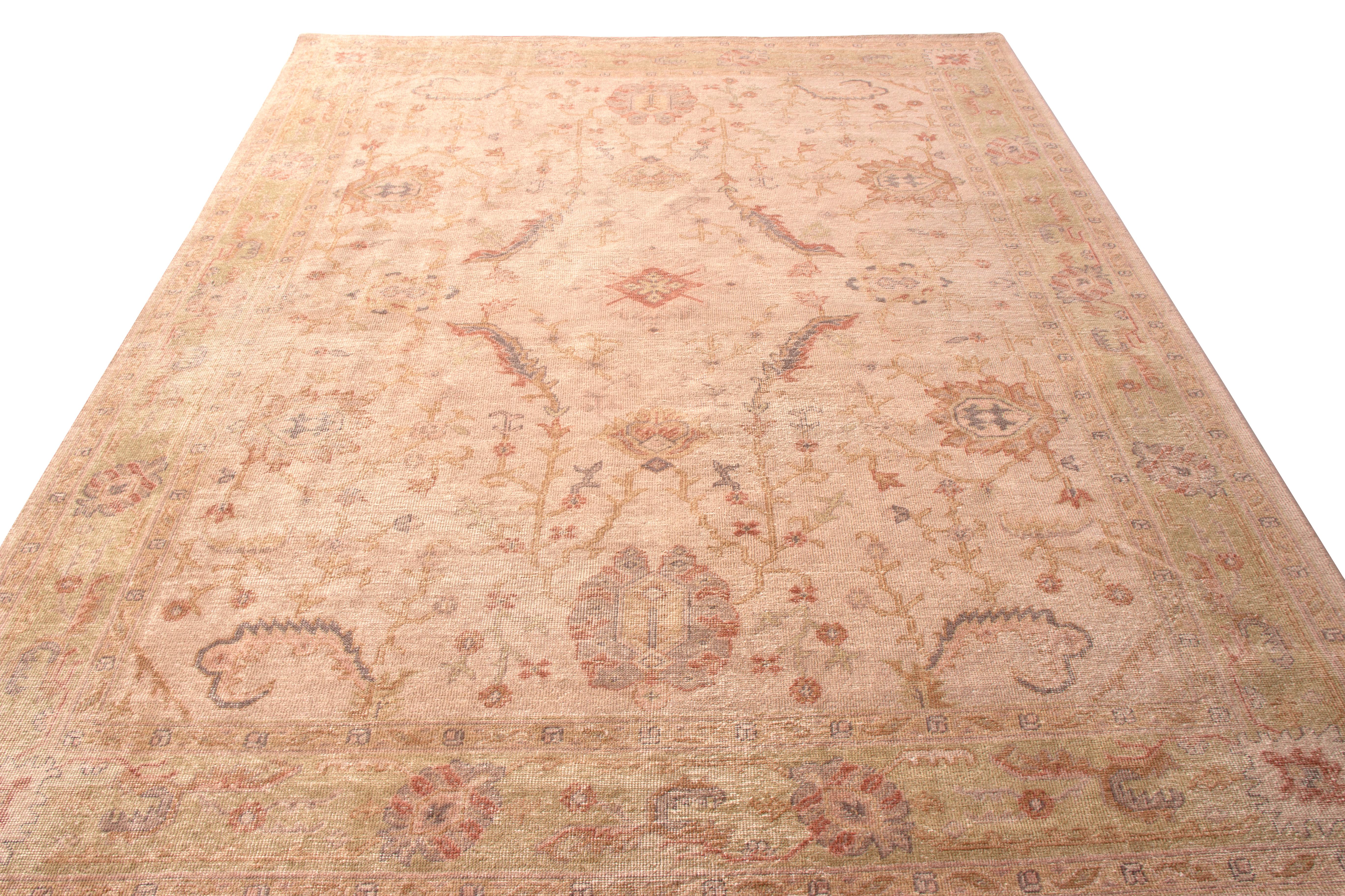 Rustic Hand Knotted Distressed Floral Rug Beige Pink Classic Pattern by Rug & Kilim