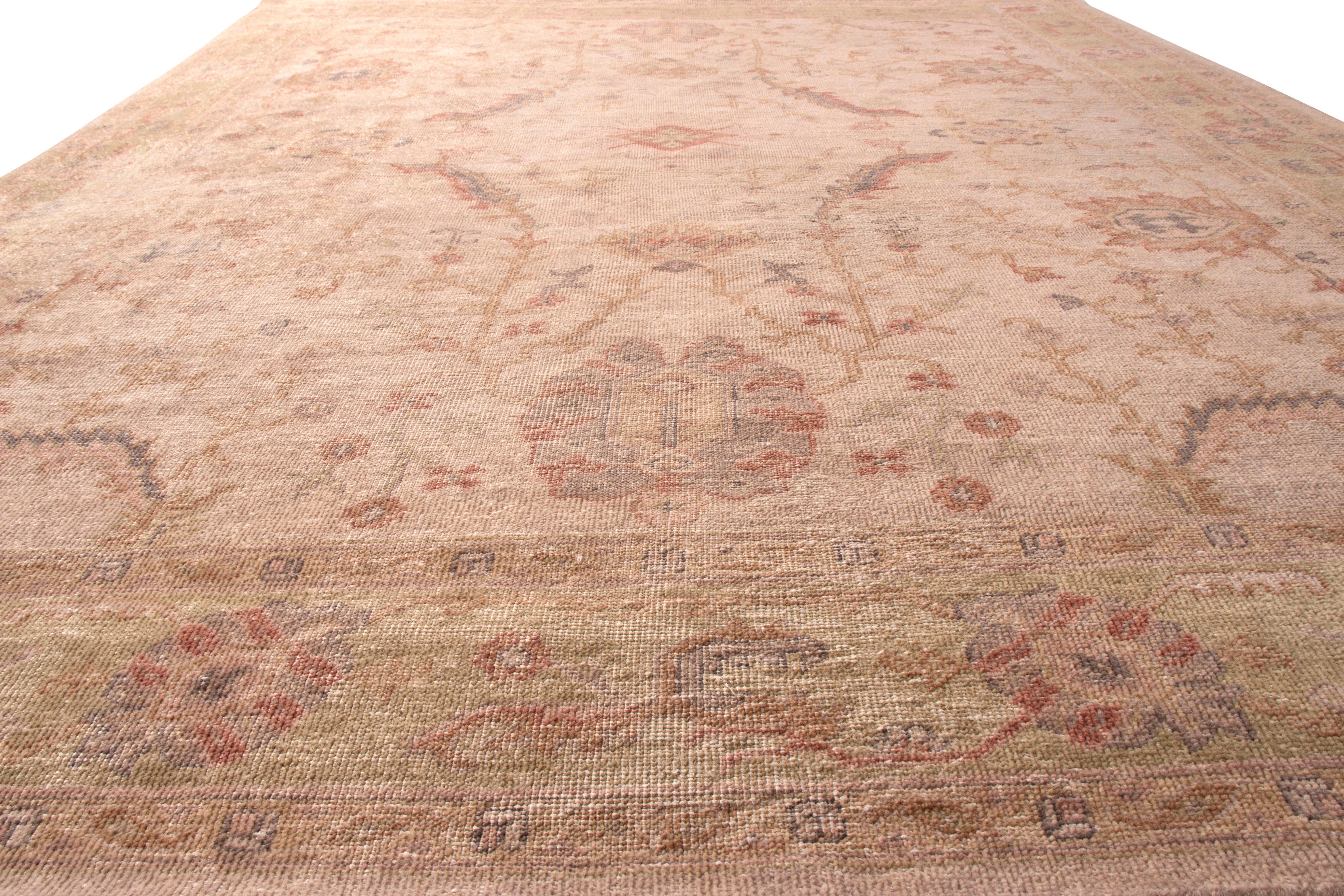 Indian Hand Knotted Distressed Floral Rug Beige Pink Classic Pattern by Rug & Kilim