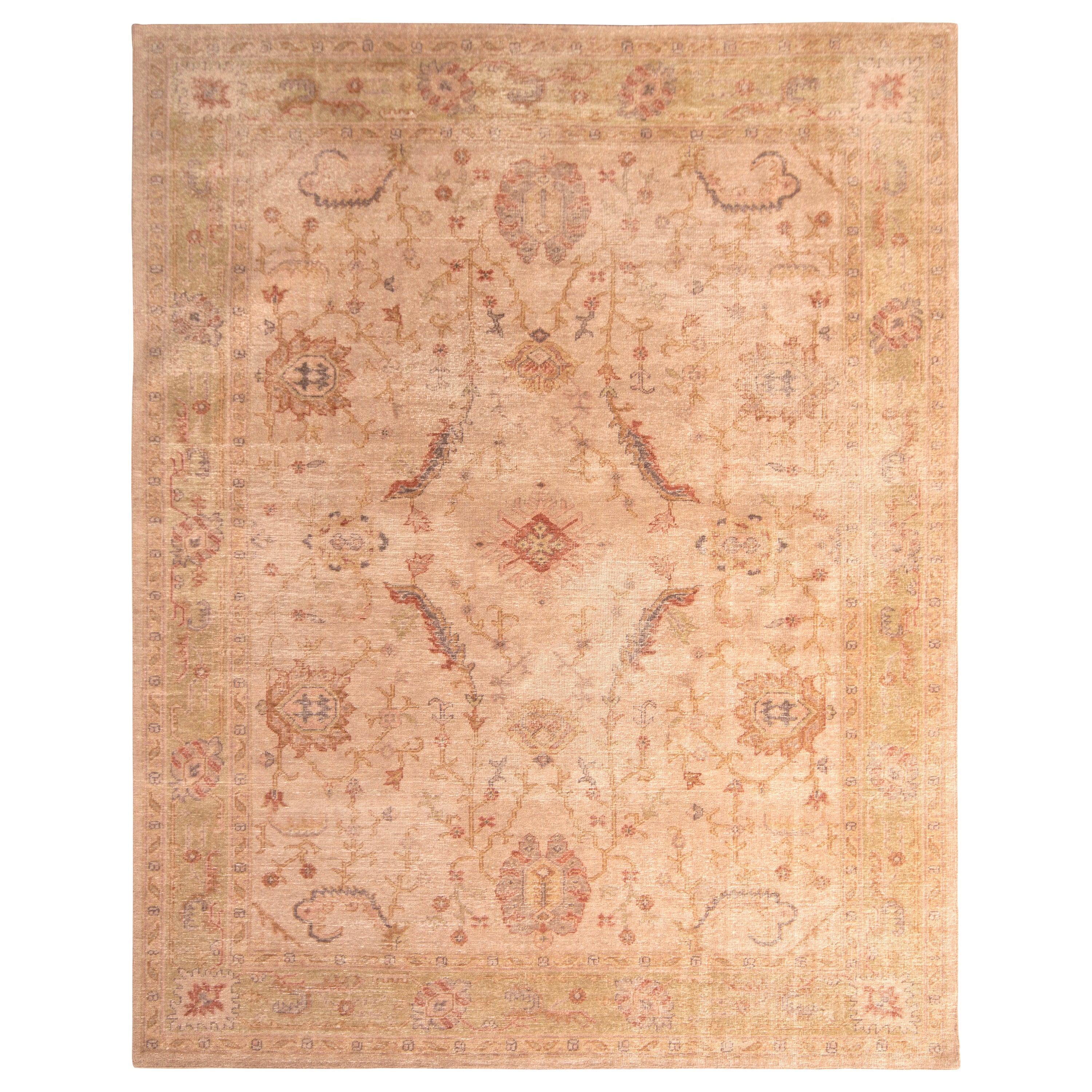 Hand Knotted Distressed Floral Rug Beige Pink Classic Pattern by Rug & Kilim For Sale