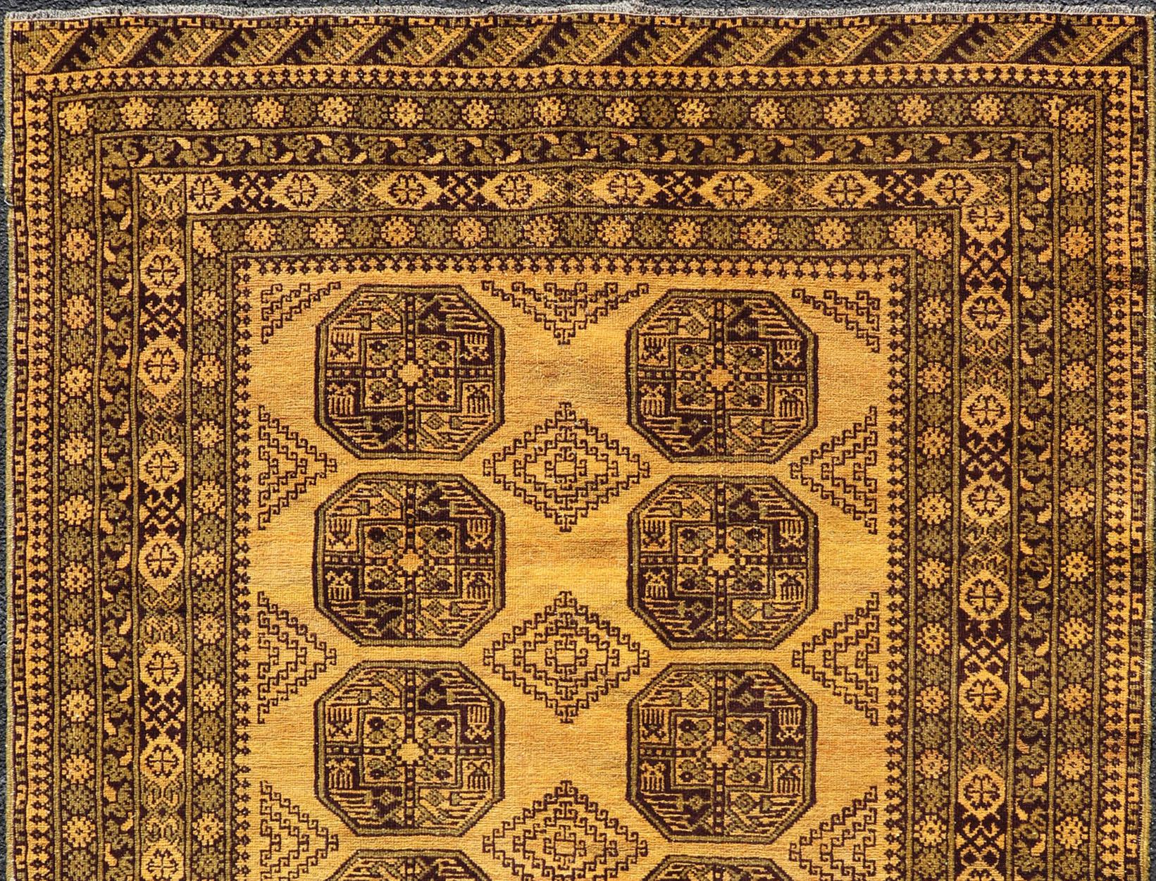 Islamic Hand-Knotted Ersari Rug in Wool with Gul Design in Green, Marigold and Brown For Sale